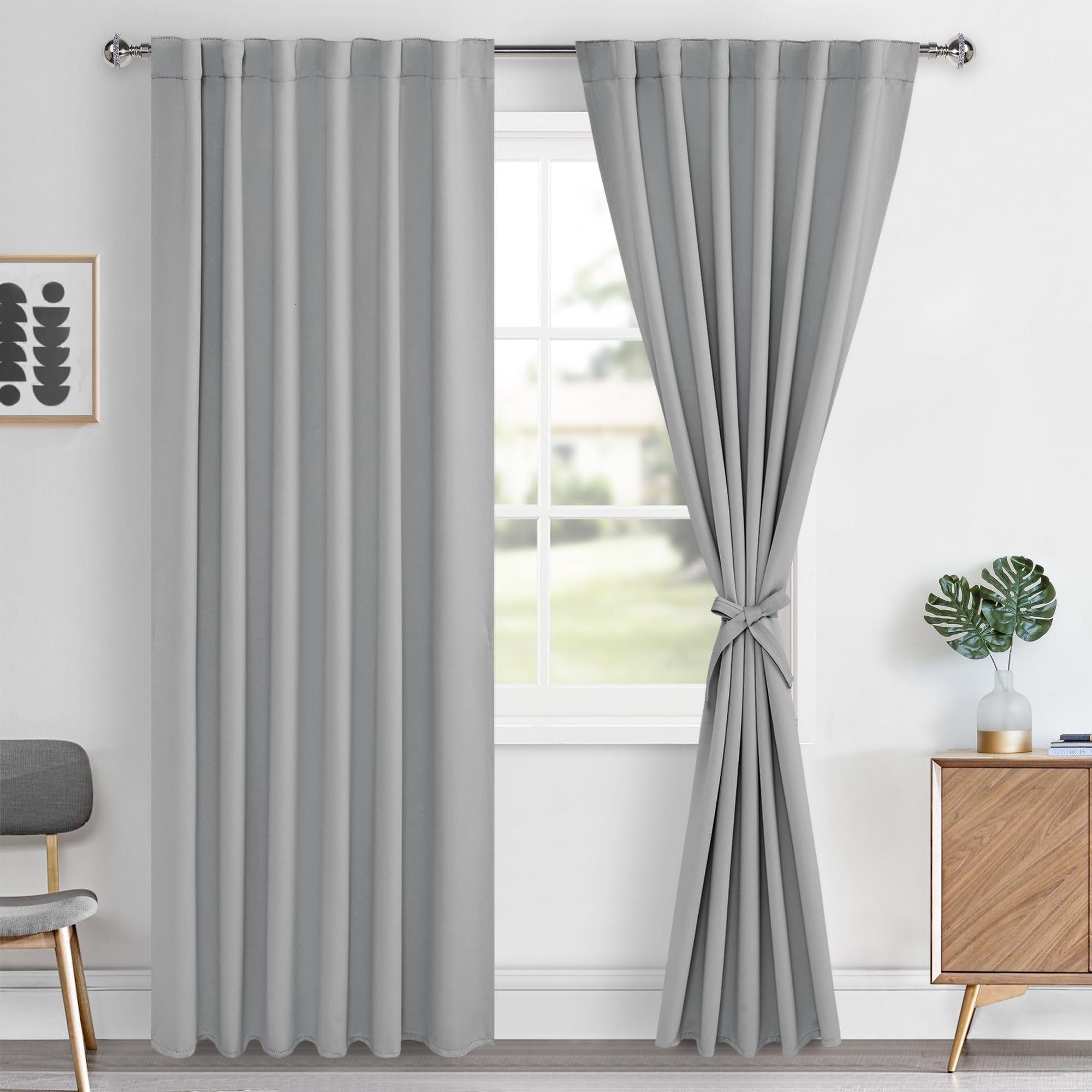 Hiasan Blackout Curtains 84 inches Long 2 Panels, Thermal Insulated Sliver Grey Window Treatment Sewn with Tiebacks, Back Tab & 