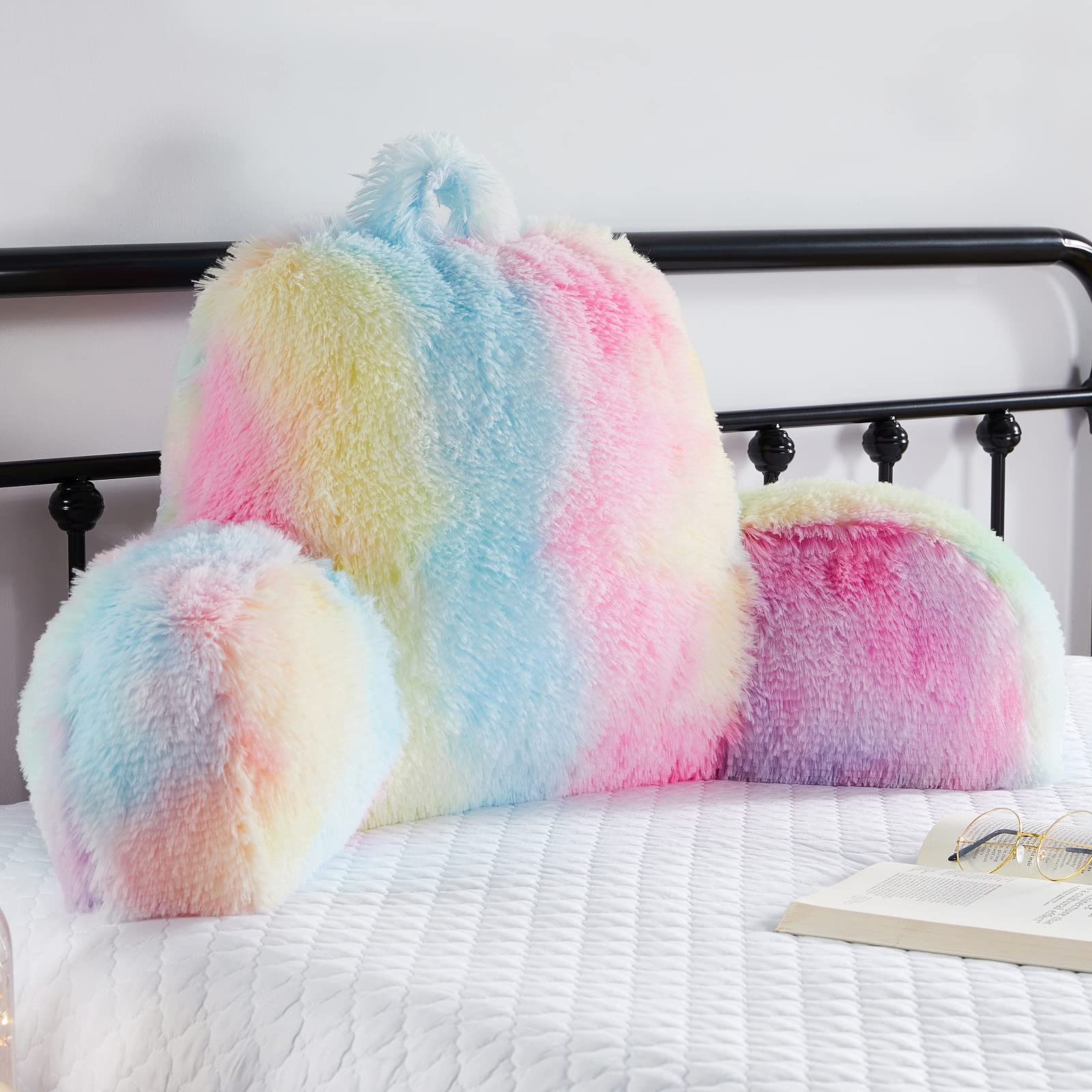 Hobed Life Faux Fur Backrest Pillow For Kids, Teen Reading Pillow With Arms, Fluffy Back Support Pillow For Sitting Up In Bed/Co