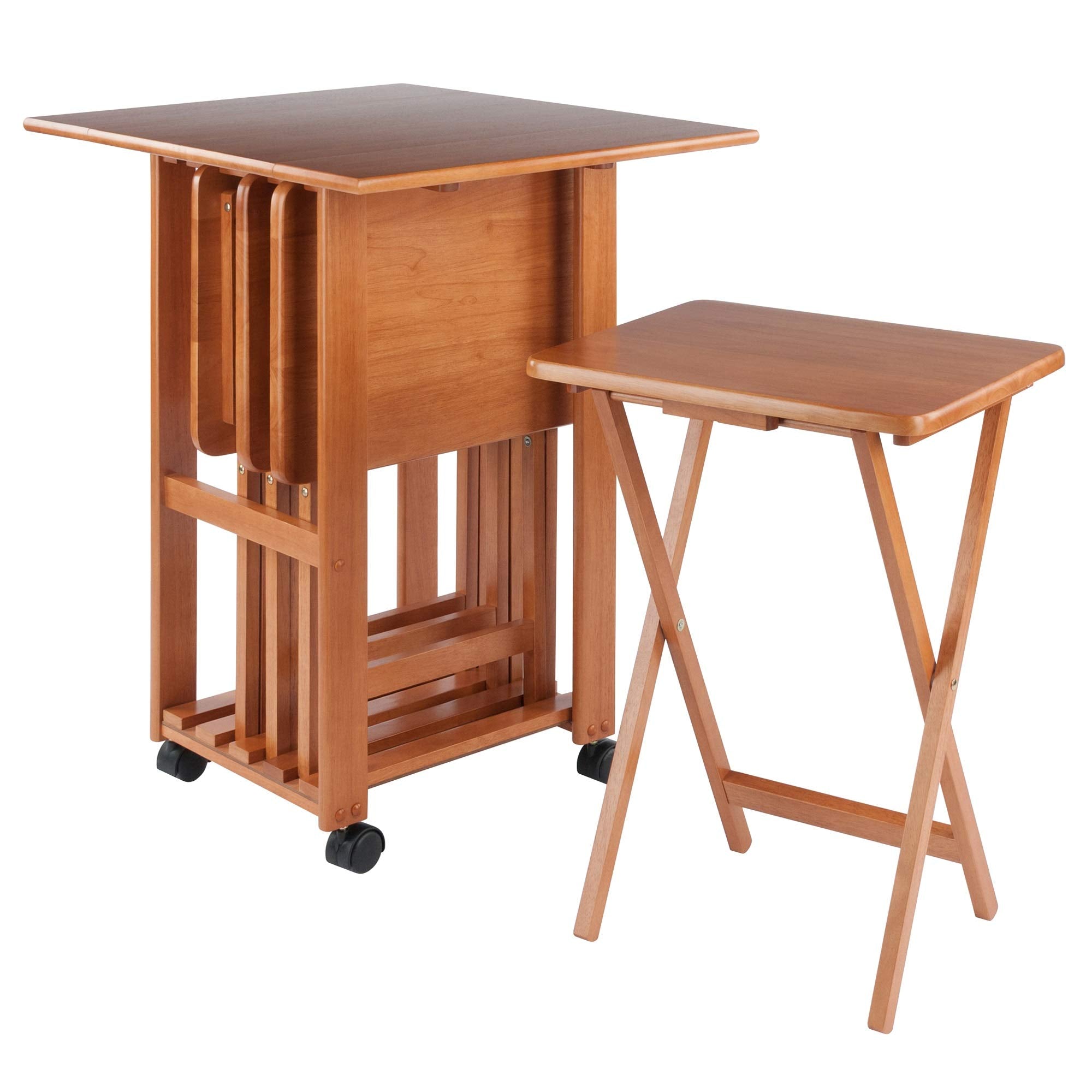 Ergode Wood Sophia 5-Piece Snack Table Set | Folding Tables with Stand - Perfect for Dining and Everyday Use