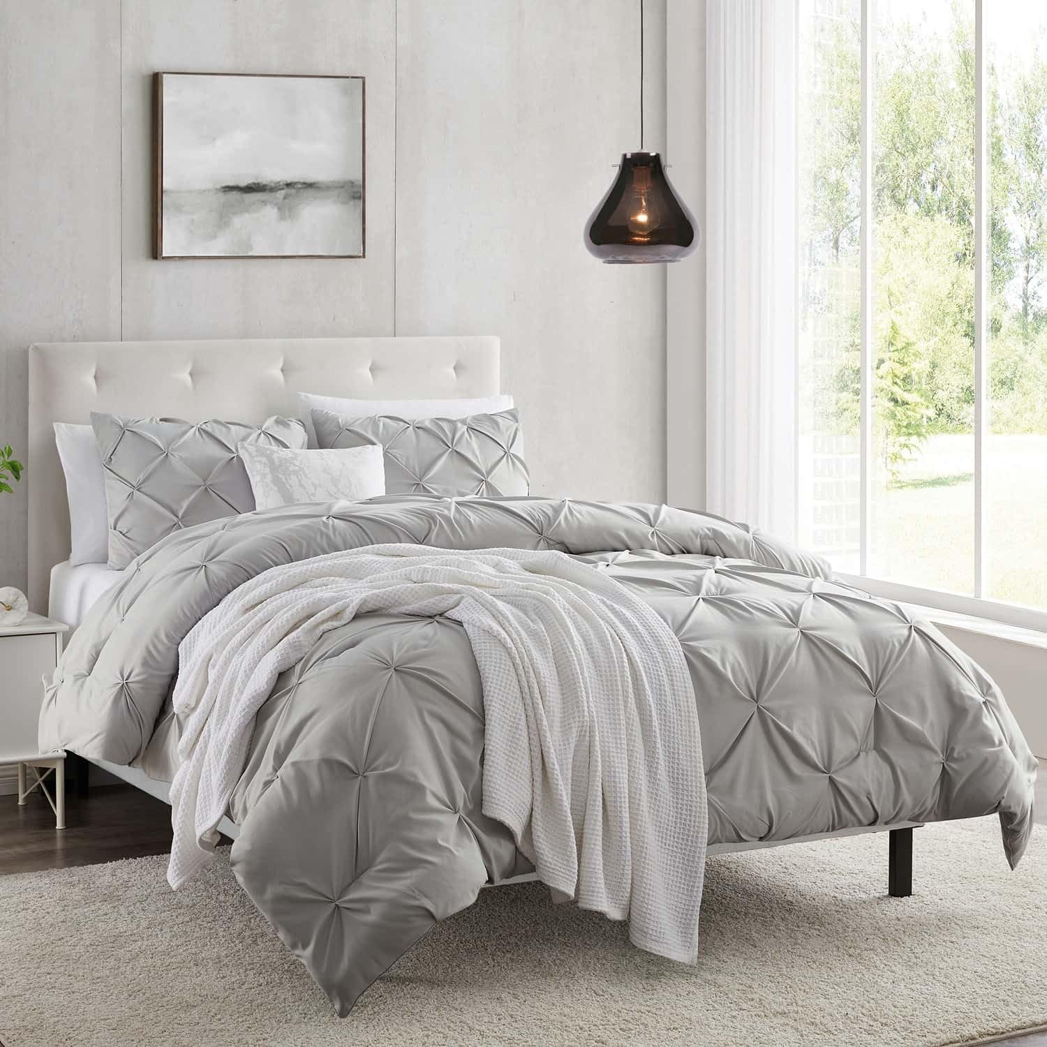 Nestl Light Grey Duvet Cover King Size - Pintuck King Duvet Cover Set, 3 Piece Double Brushed Duvet Cover With Button Closure, 1