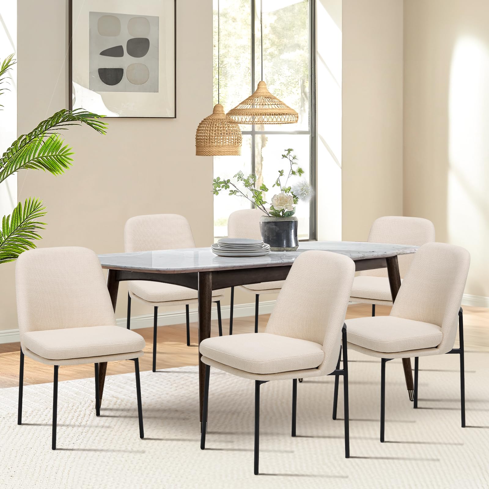 COLAMY Dining Chairs Set of 6, Fabric Upholstered Dining Room Chairs Dinner Chair Stylish Kitchen Chairs with Curved Back and Me