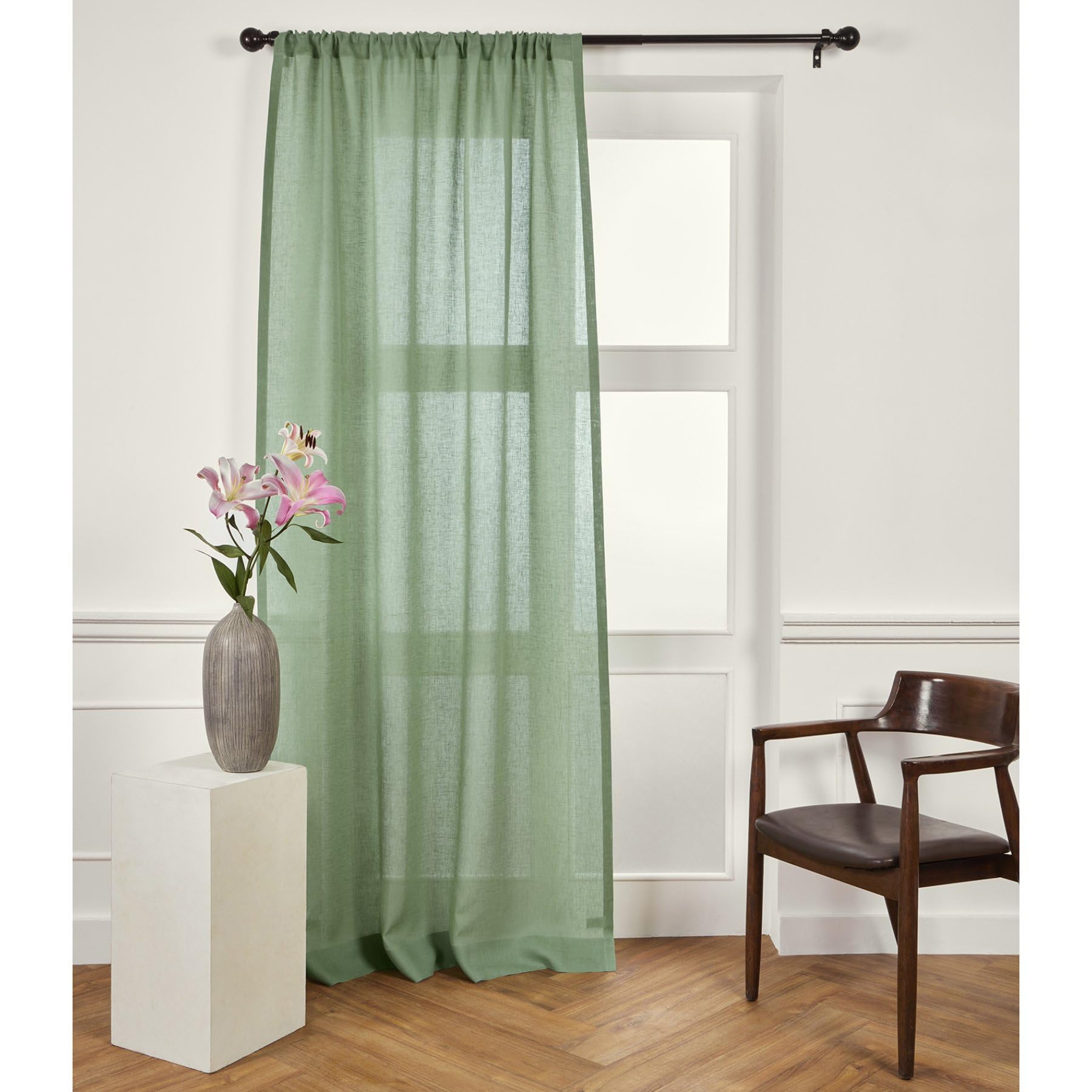 Solino Home Linen Sheer Curtain 120 Inches Long - Aspen Green 100% Pure Linen European Flax Window Sheer Curtain Panel 52 X 120