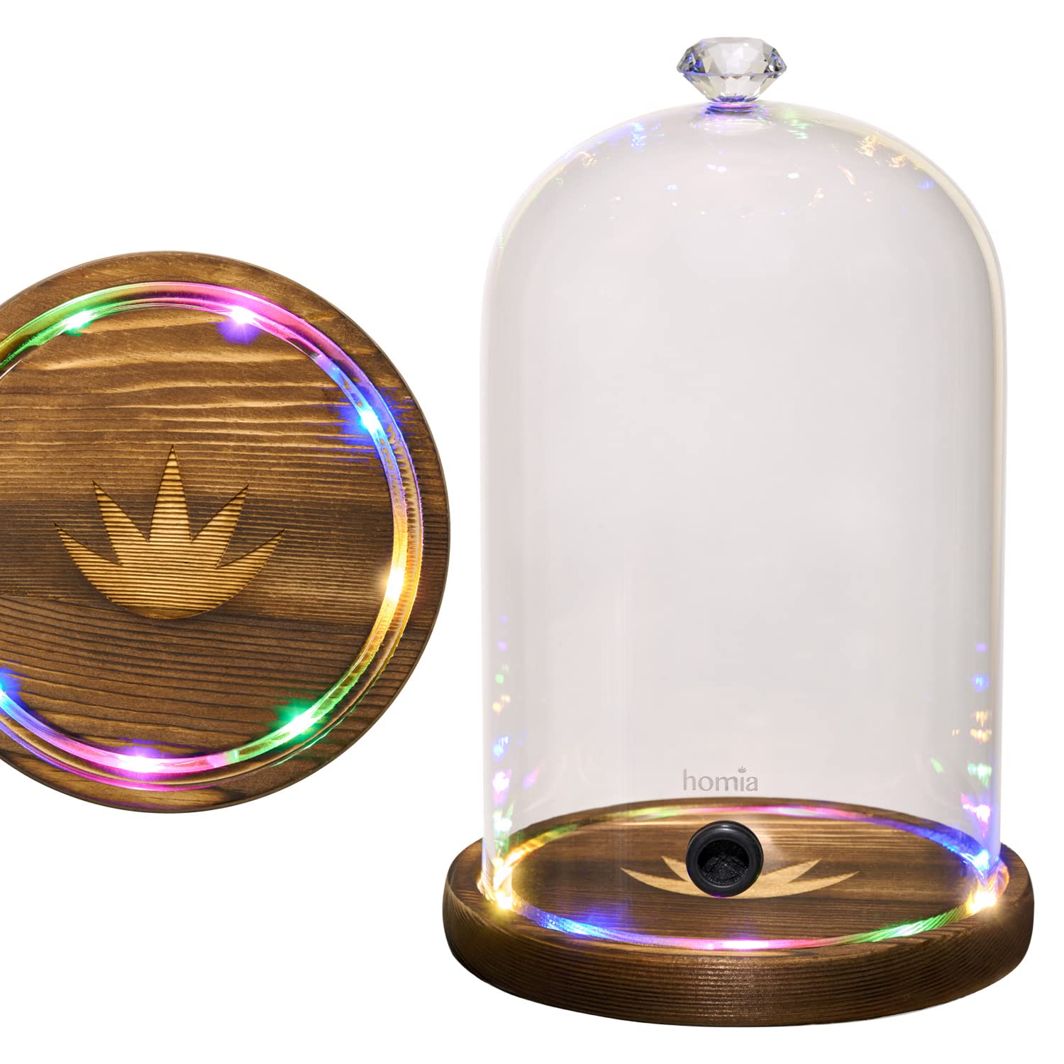 Smoking Gun Accessory Led Lights Glass Dome 9' X 5.7' Lid With Wooden Base - Smoke Infuser Cover Lid For Cocktail Smoker - Dom