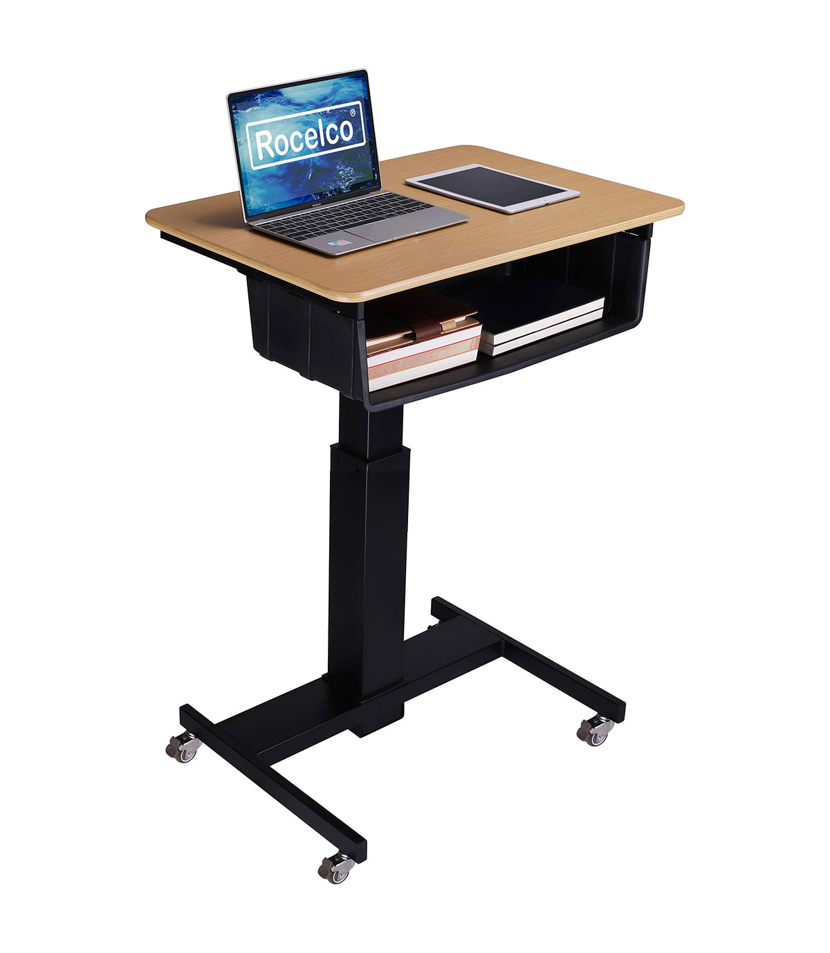 Rocelco 28&quot; Height Adjustable Mobile School Standing Desk with Book Box Bundle- Quick Sit Stand Up Home Computer Workstation - Gas Spring Assist Office Laptop Riser Cart - Wood Grain (R MSD-28-BB)