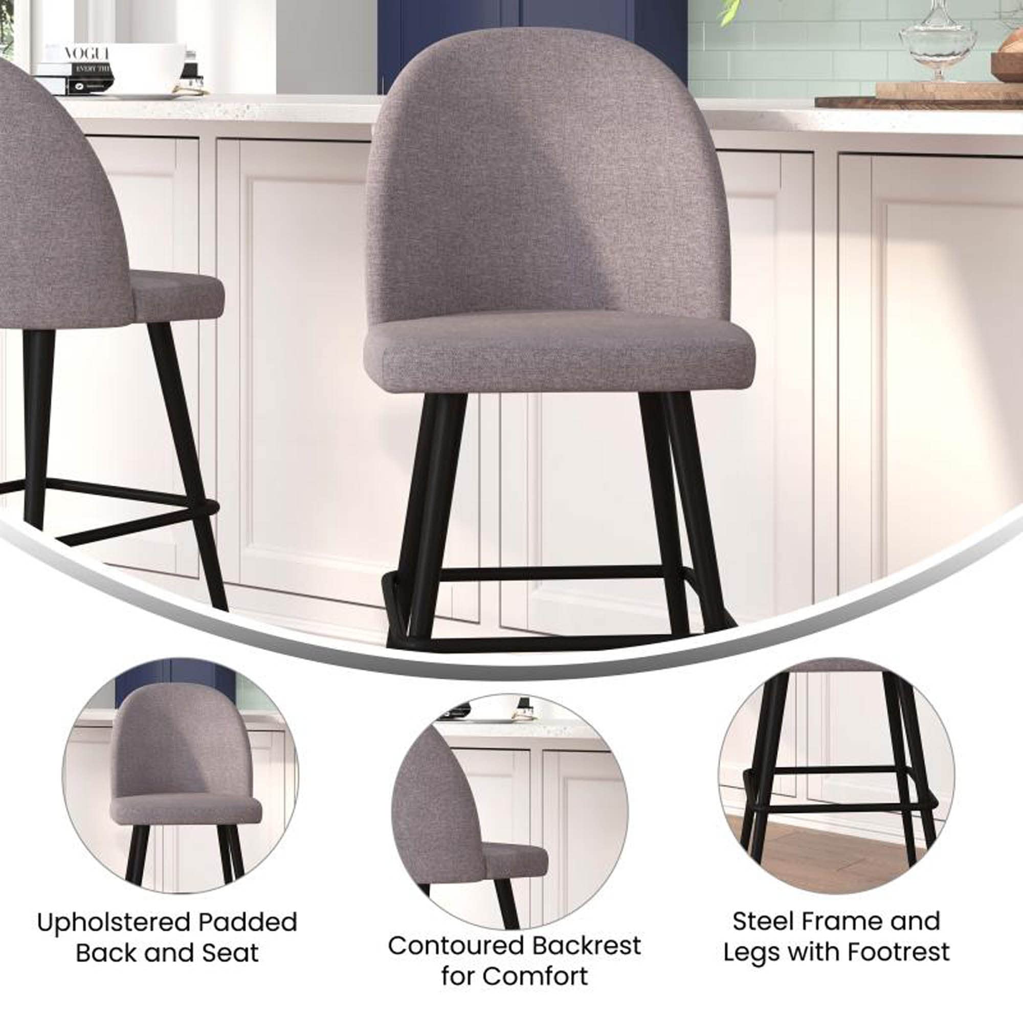 Flash Furniture Lyla Commercial Grade Modern Armless Barstools - Gray Faux Linen Upholstery - 30&quot; Barstool - Contoured Backrest - Steel Frame & Footrest - Set of 2
