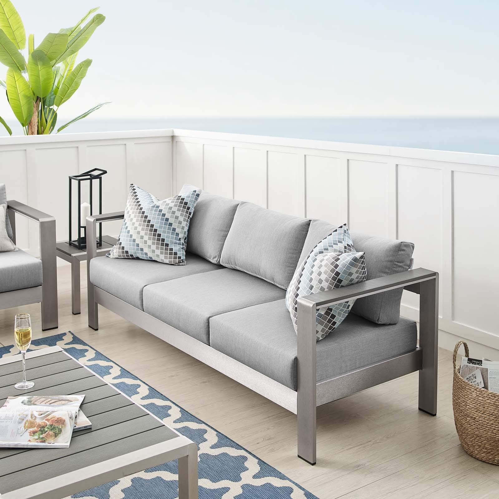 Modway Shore Eei-4228-Slv-Gryshore Sunbrella Patio Sofa In Silver Gray, 27.5 X 76.5 X 24.5