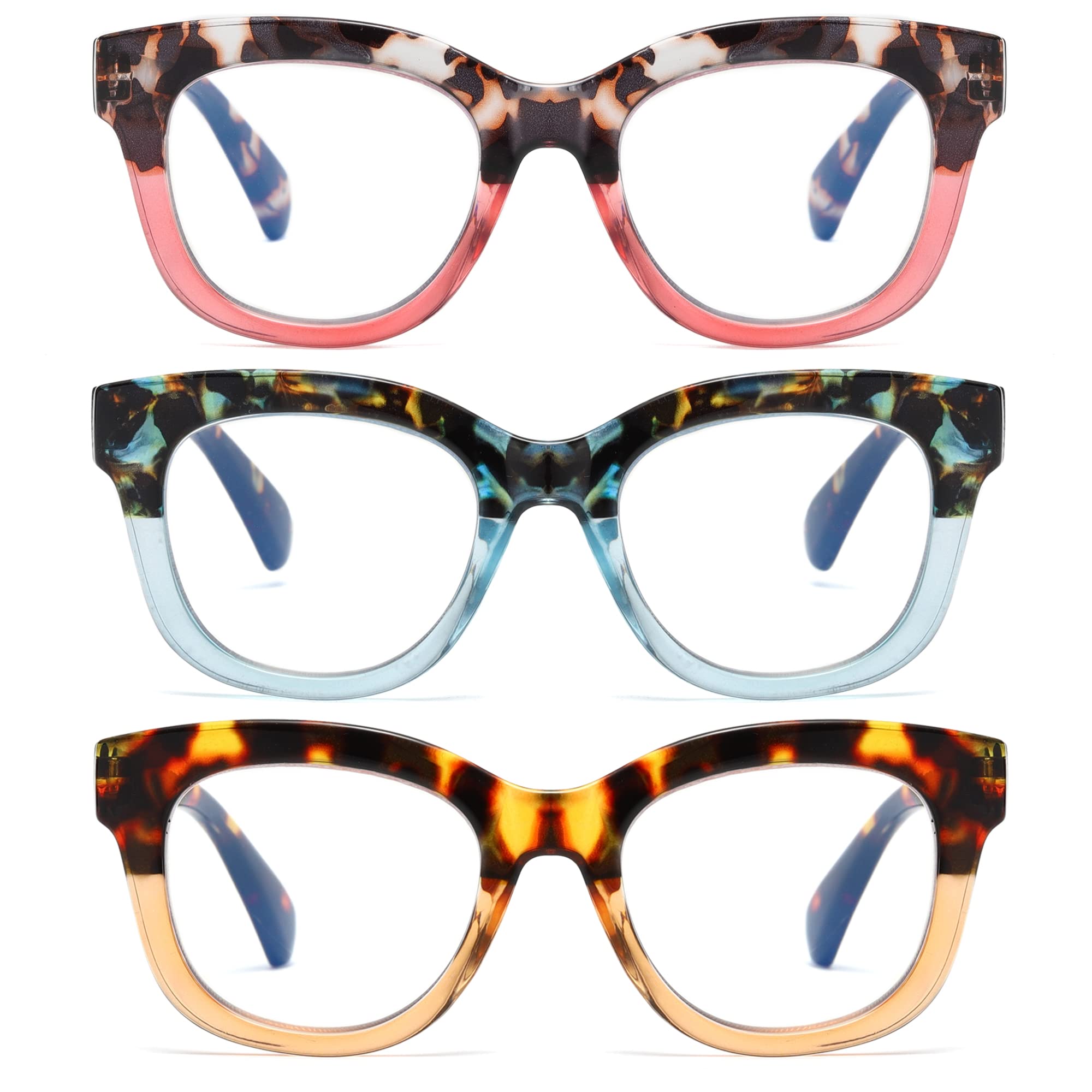 Zxyoo Oversized Reading Glasses For Women,3 Pack Blue Light Blocking Computer Spring Hinge Readers(Yellow Sunsetblue Sunsetpink