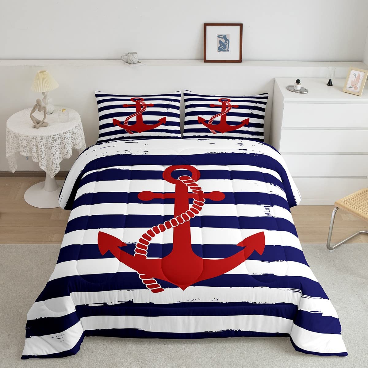Castle Fairy Kids Nautical Anchor Comforter Set Full Size,Navy Blue Stripes Bedding Sets 3Pcs Ocean Adventure Theme Quilted Duvet For Teens Men Bedroom Decoration,Modern Geometry With 2 Pillowcases