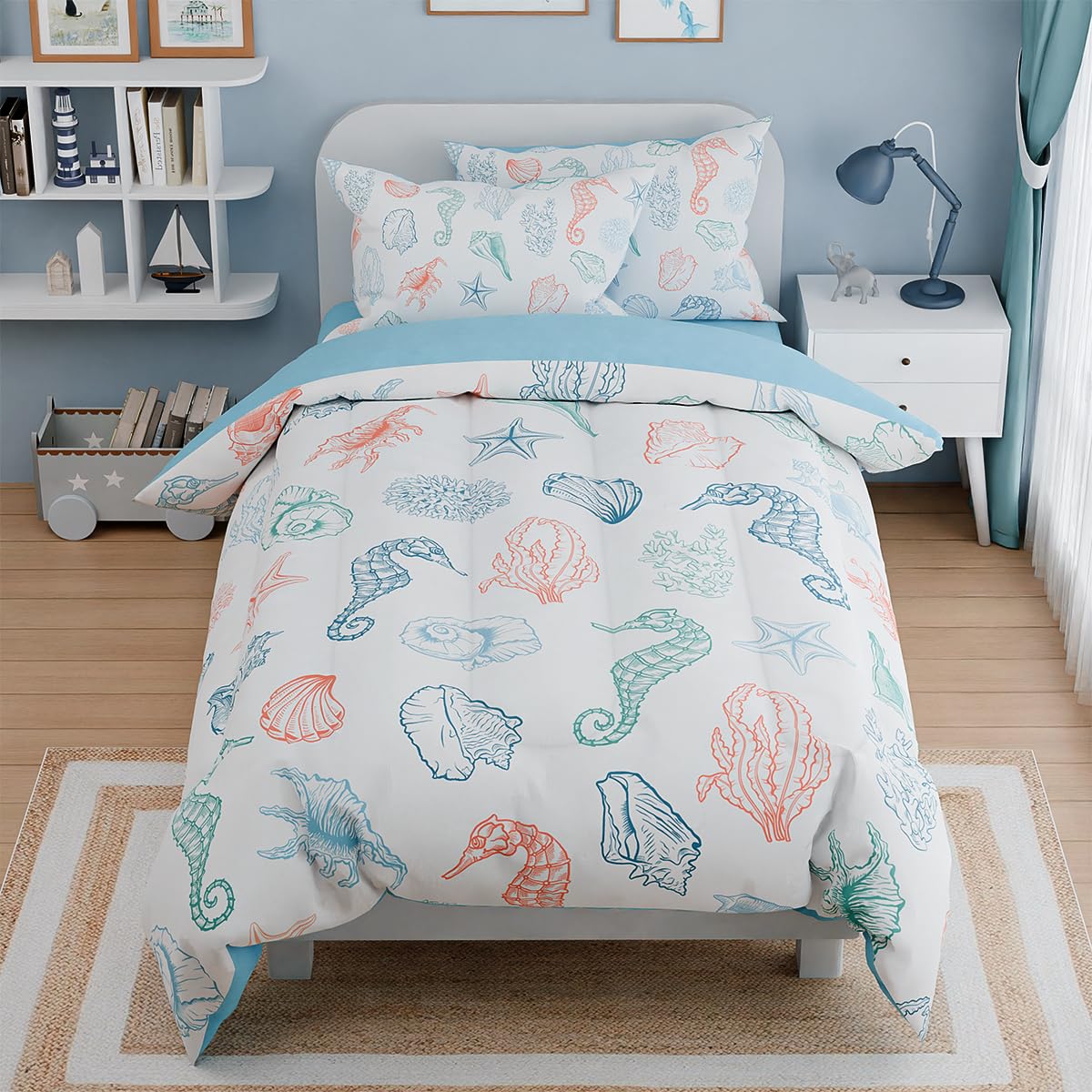 Kids Bedding Set For Girls Boys, Ultra Soft Microfiber Comforter Set Twin Size With 3-Pieces, Seashell Ocean Comforters Bed Sets