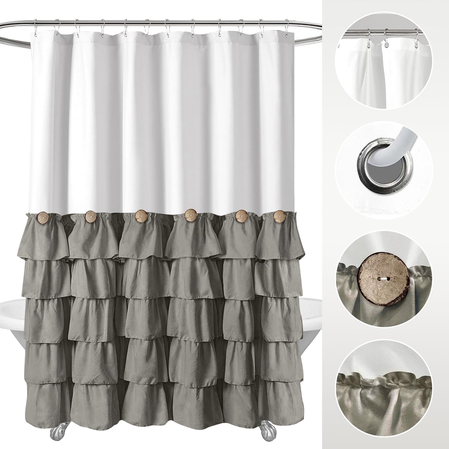 Seasonwood White And Gray Shower Curtain 72 X 72 With Nature Buttons Shabby Chic Shower Curtain French Country Style Modern Farm