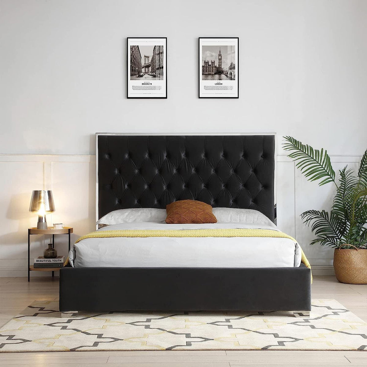 Woodpeckers Furniture And Mattress Sophia Velvet Queen Bed with Silver Metal Frame (Black)