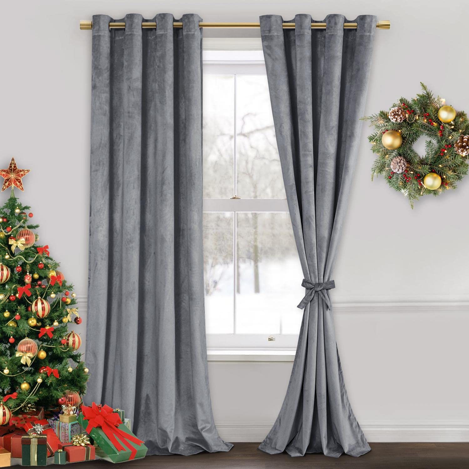 Jiuzhen Super Soft Grey Velvet Curtains 120 Inch, Room Darkening Smooth Hand-Feeling Durable Curtains Thermal Insulated Privacy