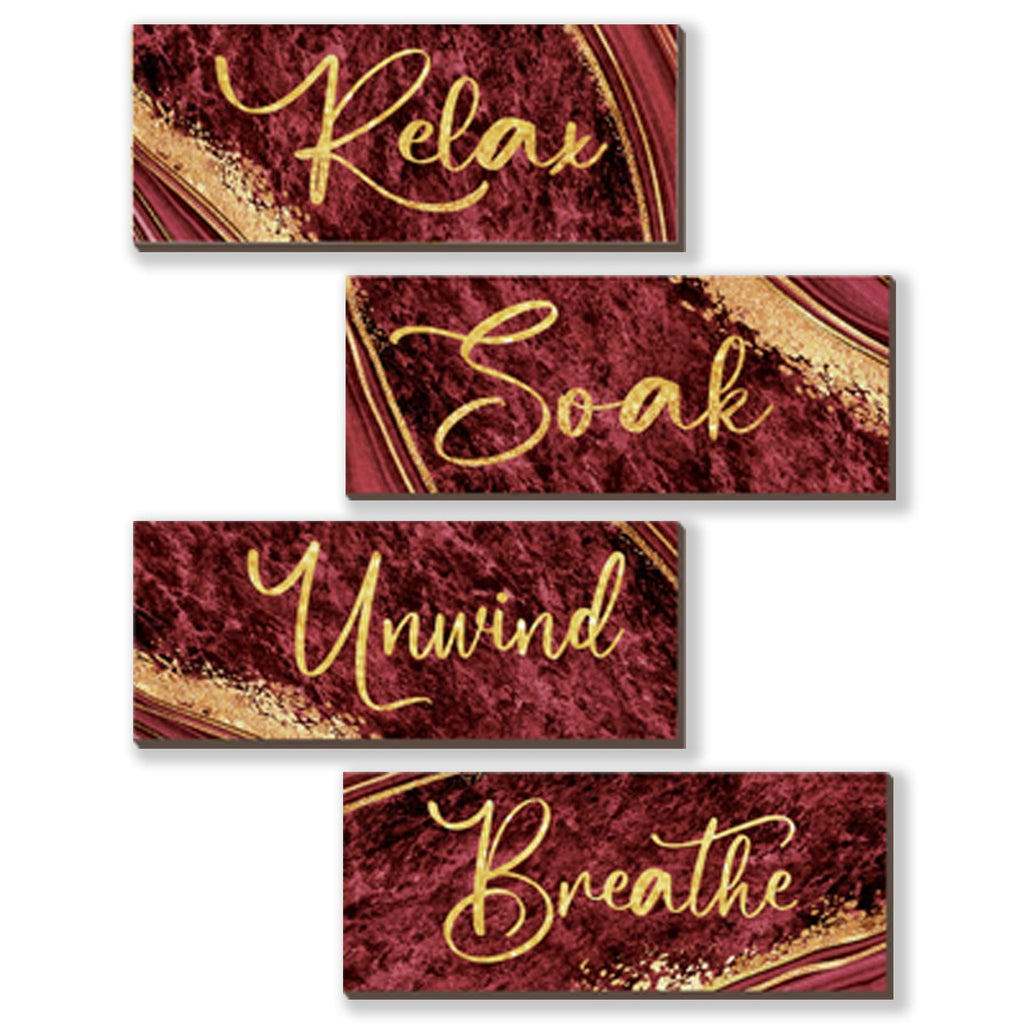 ONIZHITY 4 Pcs Red and Gold Bathroom Decor Red Gold Wall Decor Relax Soak Unwind Breathe Wooden Rustic Red Marble Style Bathroom