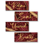 ONIZHITY 4 Pcs Red and Gold Bathroom Decor Red Gold Wall Decor Relax Soak Unwind Breathe Wooden Rustic Red Marble Style Bathroom