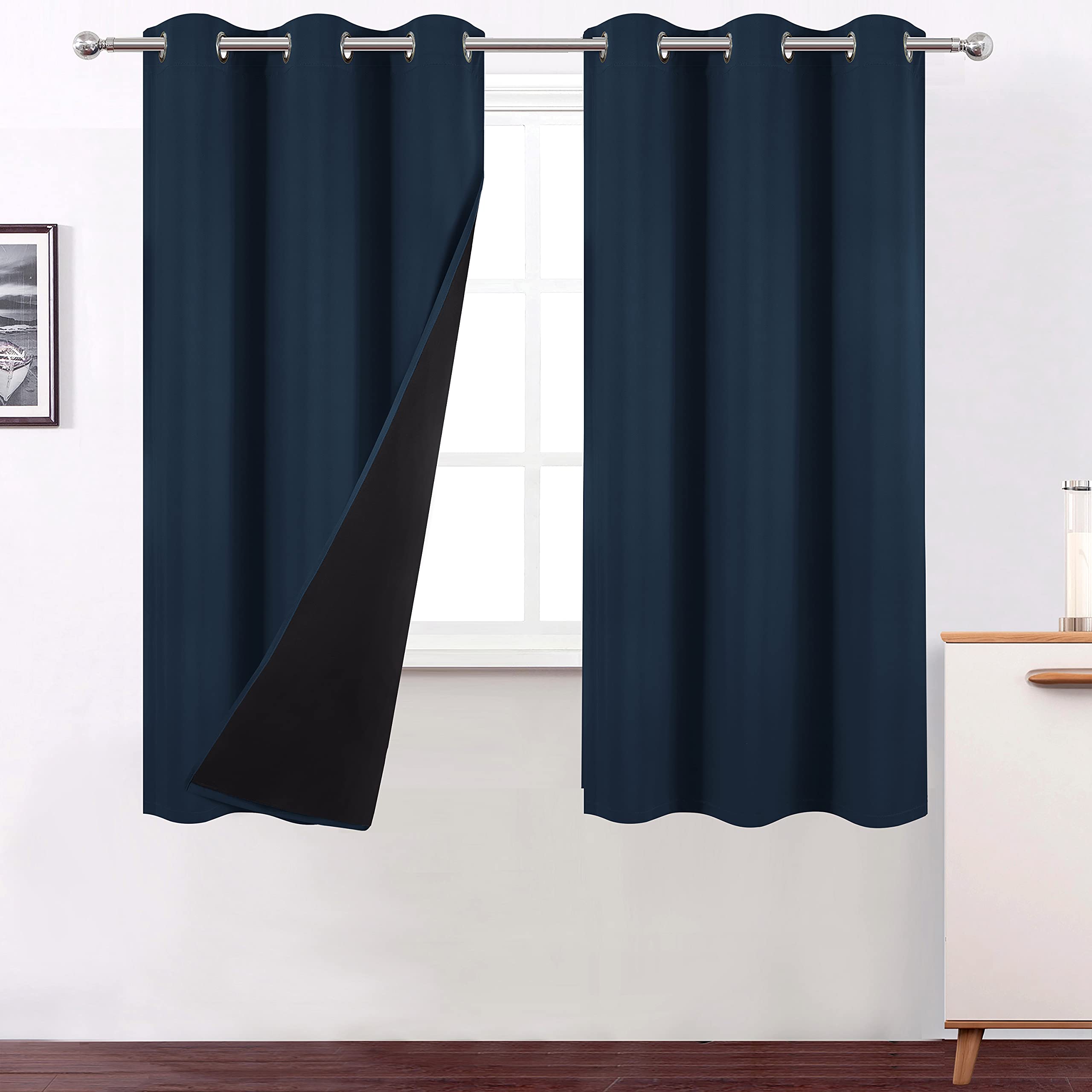 LEMOMO Navy Blue Curtains 63 Inch Length 100% Blackout Curtains 2 Panels with Black Liner/Double Layer Full Room Darkening Bedro