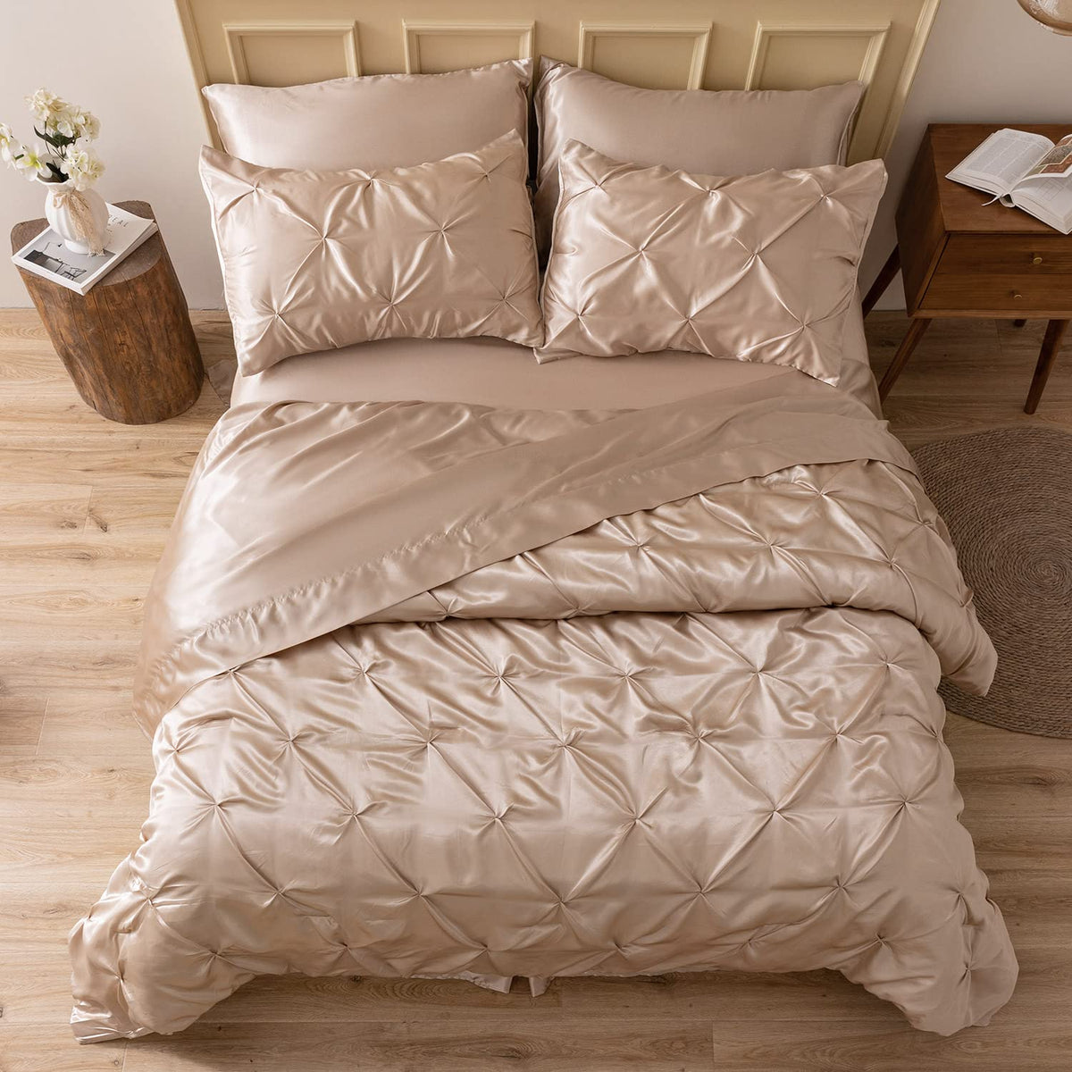 Mr&Hm Satin Comforter Full 8 Pieces - Luxurious Pinch Pleat Bedding Set With Comforter, Sheets, Bed Skirt, Pillowcases & Shams,
