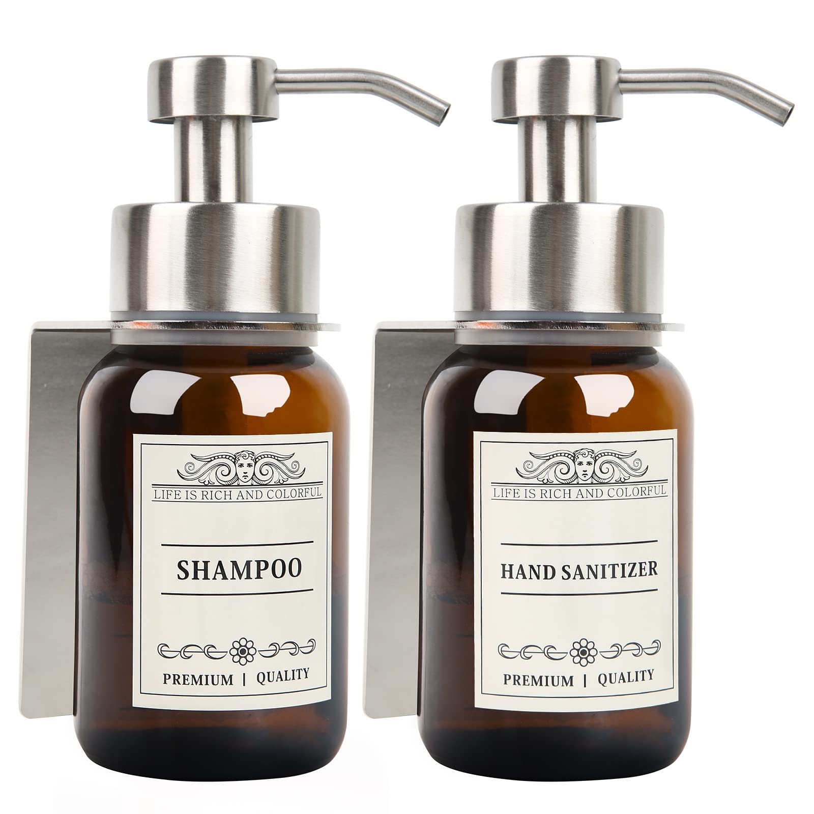 Nobtou Glass Soap Dispenser with Pump and Drill-Free Wall Mount Holder,8.5 Oz Shampoo and Conditioner Dispenser,Dish Soap Dispen