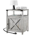 HOSEOKA Farmhouse Nightstand with Charging Station, Grayish White End Table Bedroom with Storage Living Room Side Table Beige Ni
