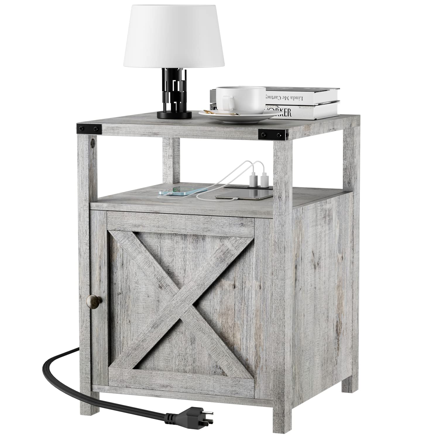 HOSEOKA Farmhouse Nightstand with Charging Station, Grayish White End Table Bedroom with Storage Living Room Side Table Beige Ni