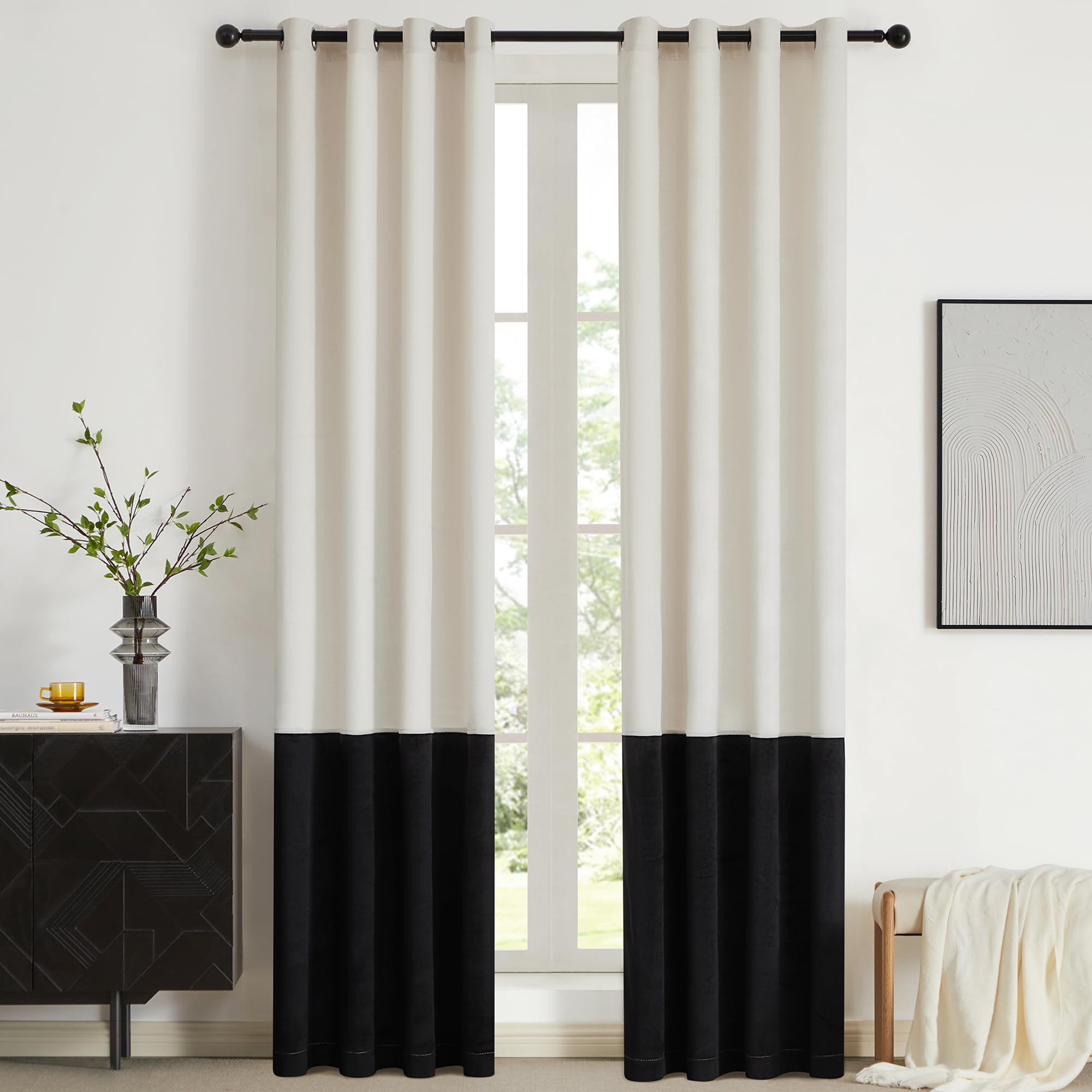 Bulbul Cream Black Color Block Window Curtains Panels 84 Inches Long Velvet Farmhouse Drapes For Bedroom Living Roomm Darkening