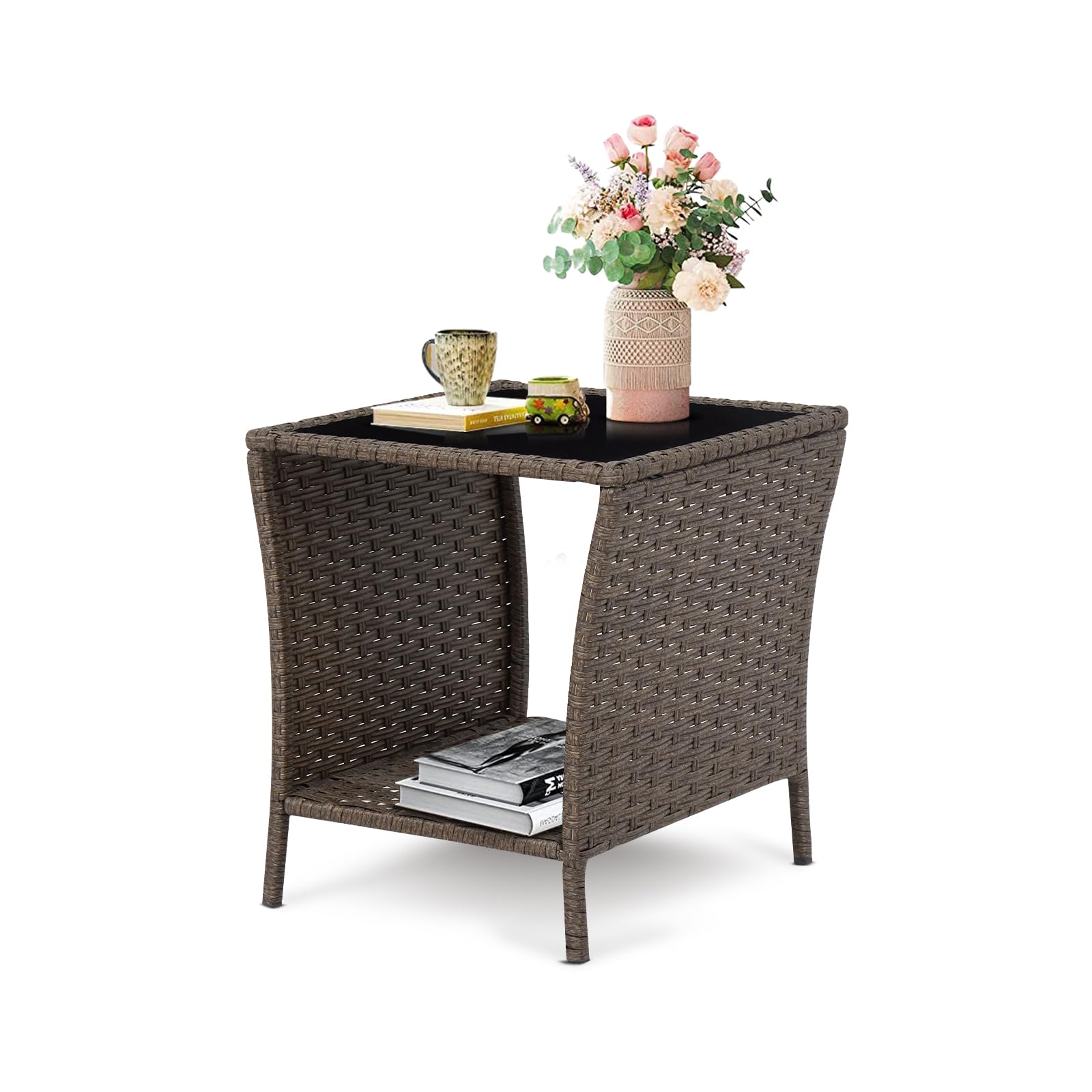 Fizzeey Outdoor Side Table - Outdoor Wicker End Side Tables For Patio With Storage Shelf, Brown