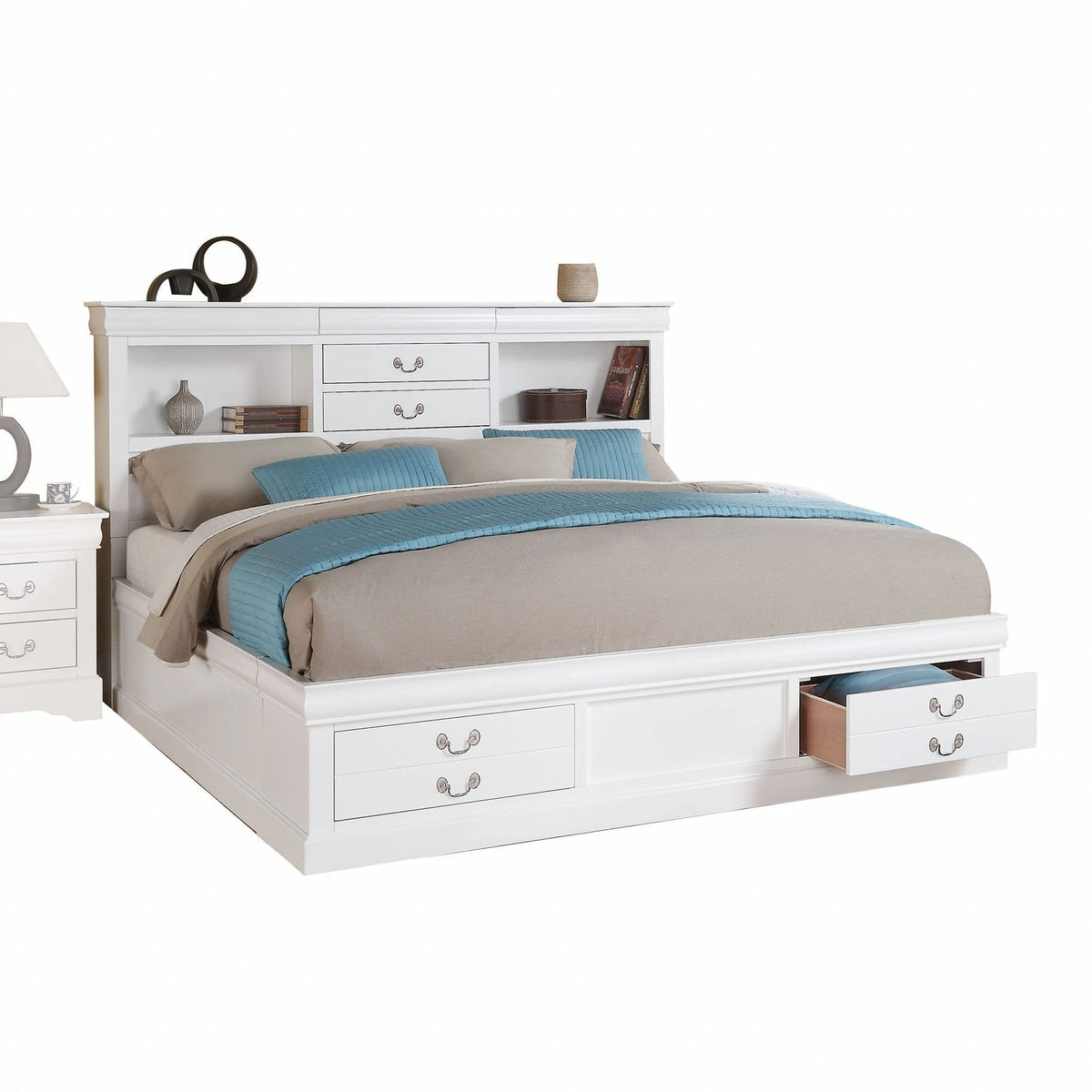 HomeRoots Wood, Wood Veneer, Composite Wood White Wooden Queen Bed with Storage