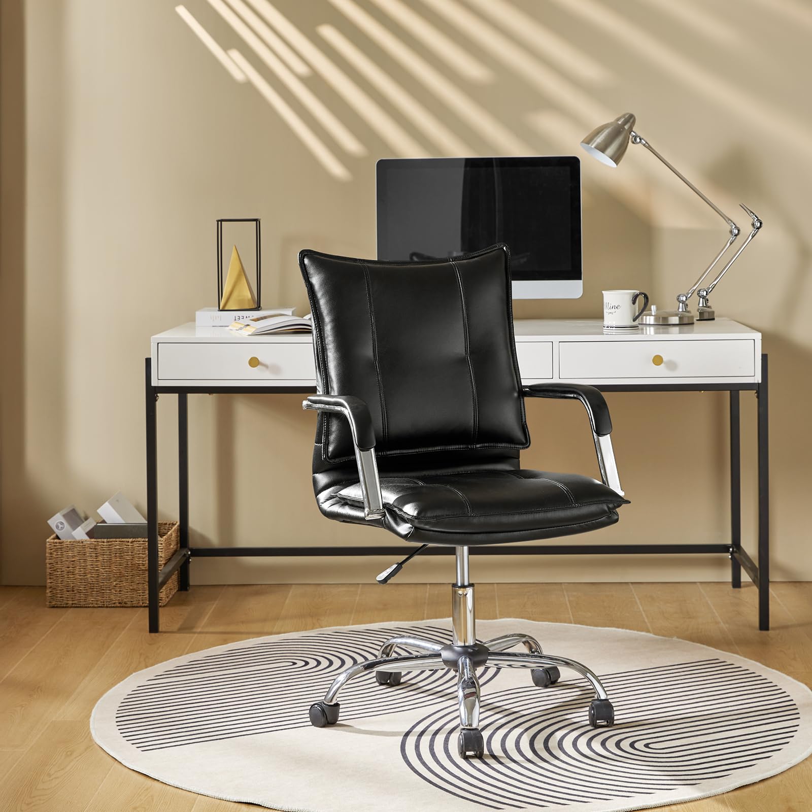 Hulala Home Faux Leather Home Office Desk Chair, Adjustable Swivel Computer Chair With Sliver Legs And Arms, Comfy Upholstered Task Chair(Black)