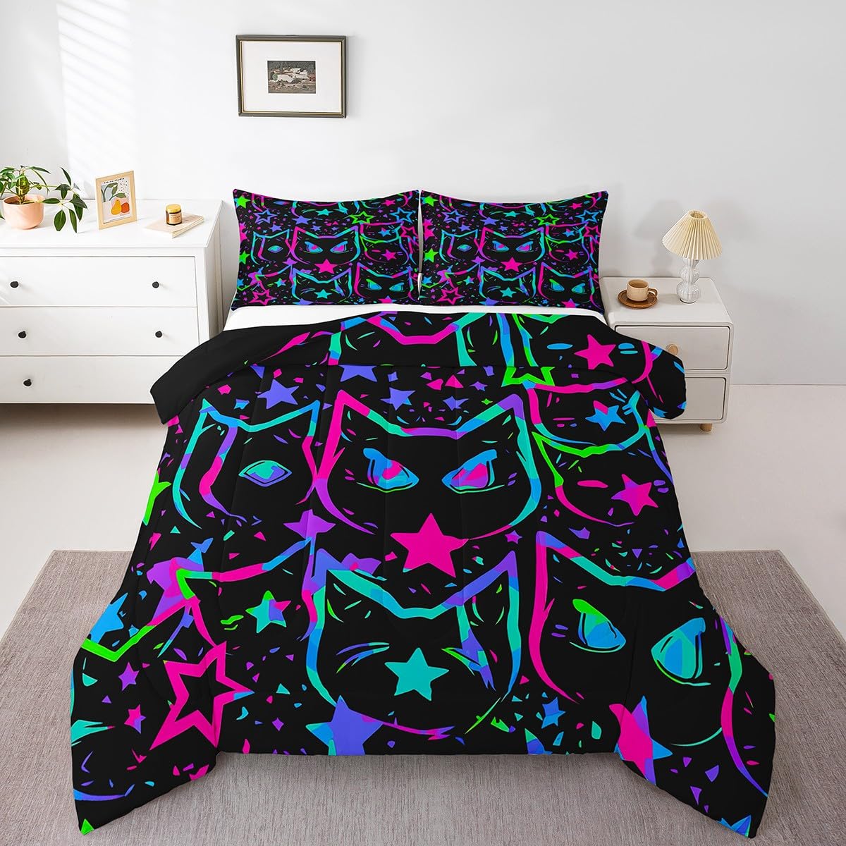Erosebridal Halloween Cat Bedding, Black Cat Comforter Set for Kids Girls Boys Teens, Ombre Glowing Neon Stars Down Comforter, K