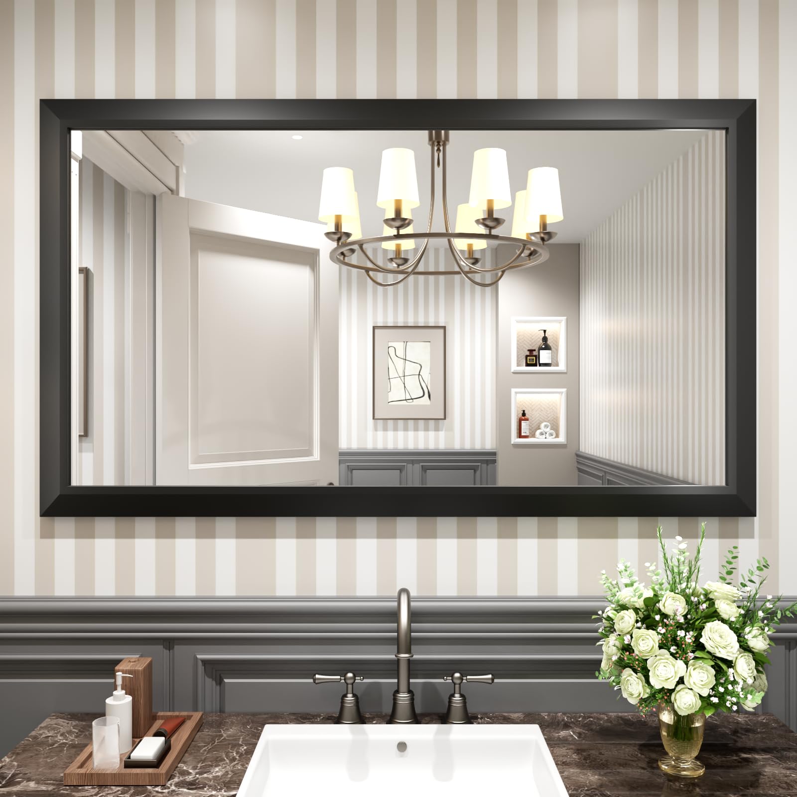 Amorho Black Bathroom Mirror, 55x32 Inch Thick Metal Framed Wall Mirrors for Over 2 Sinks, Bedroom, Living Room, Entryway, Large