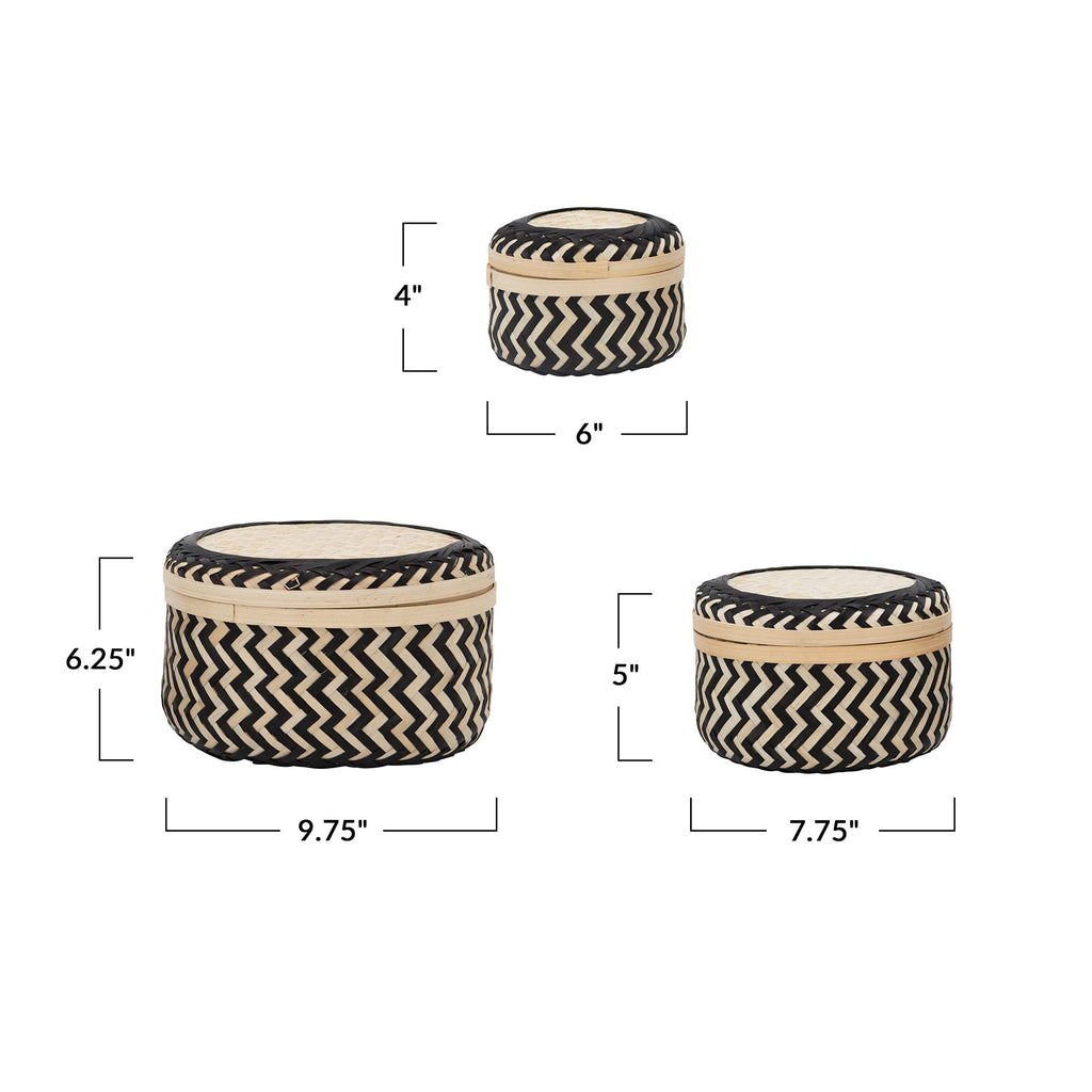 Bloomingville Boho Bamboo Lids, Set Of 3 Sizes Storage Box, Black & Natural, 3