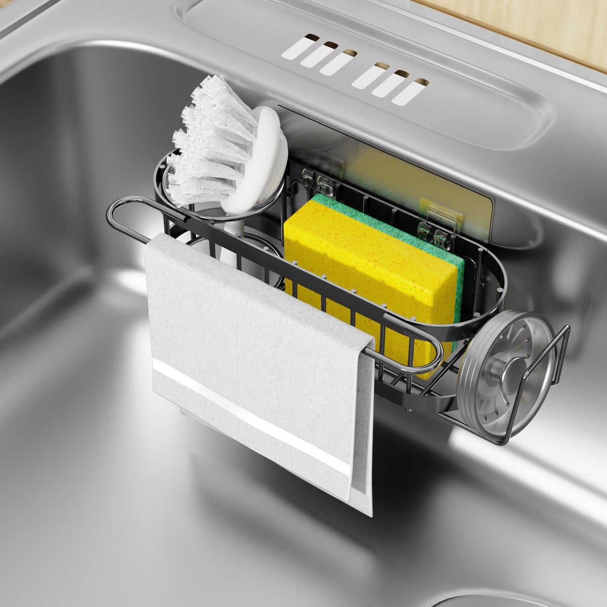 Cisily Kitchen Sink Caddy Sponge Holder in The Sink, Stainless Steel Kitchen Sink Organizer, Brush Holder, Dish Cloth Hanger, Si