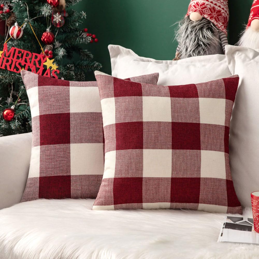 Miulee Pack Of 2 Christmas Farmhouse Checkers Buffalo Plaids Polyester Linen Soft Soild Square Throw Pillow Covers Home Decor Ou