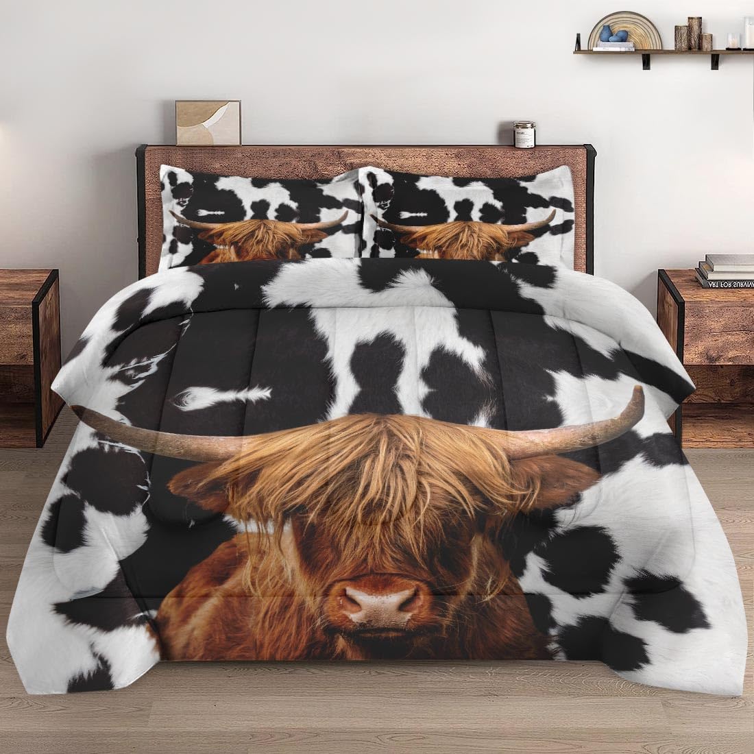 Wecozy Full Size Comforter Set With 2 Pillowcases, Vintage Farm Animal 3 Pcs Bedding For Kids And Adults, Highland Cow Print Sof