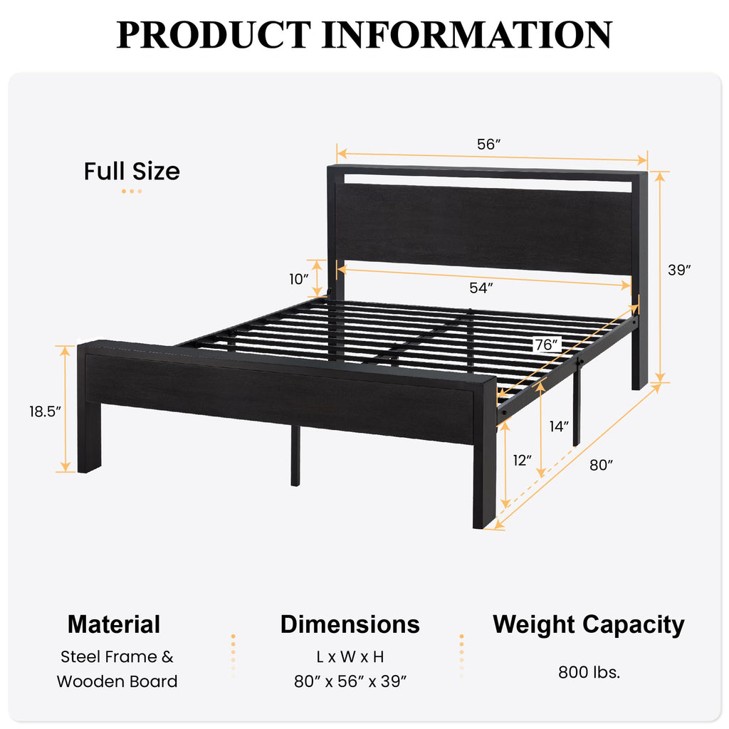 Sha Cerlin 14 Inch Full Size Metal Platform Bed Frame With Wooden Headboard And Footboard, Mattress Foundation, No Box Spring Needed, Large Under Bed Storage, Non-Slip Without Noise, Black Oak