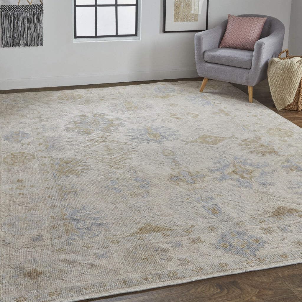 HomeRoots 514966 9 x 12 ft. Ivory Tan & Blue Floral Hand Knotted Stain Resistant Rectangle Area Rug