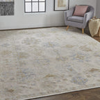 HomeRoots 514966 9 x 12 ft. Ivory Tan & Blue Floral Hand Knotted Stain Resistant Rectangle Area Rug