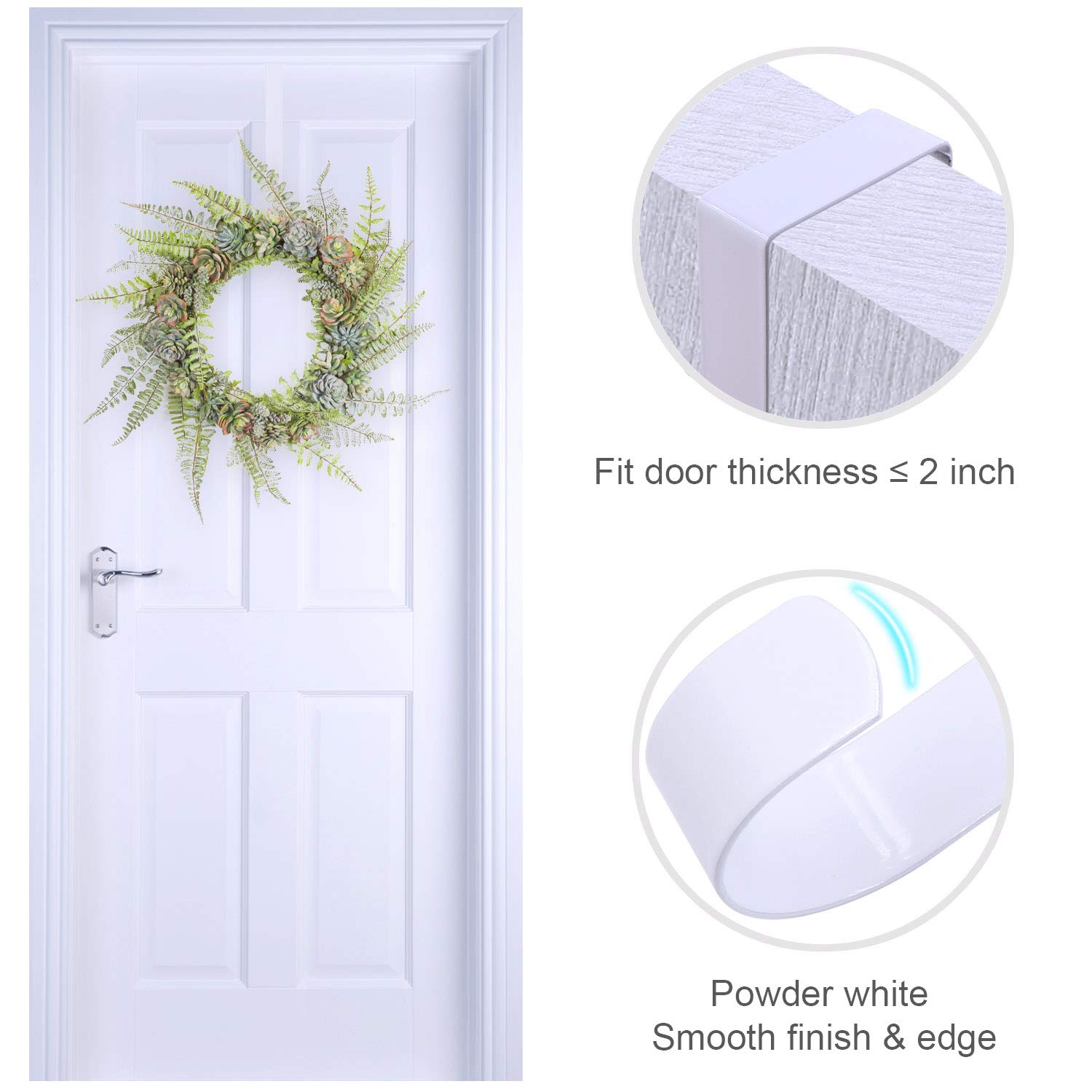Esfun 2 Pack Solid Wreath Hanger For Front Door Window Wreath Hooks Holder Over The Door Metal Hook Hangers (White, 12 Inch)