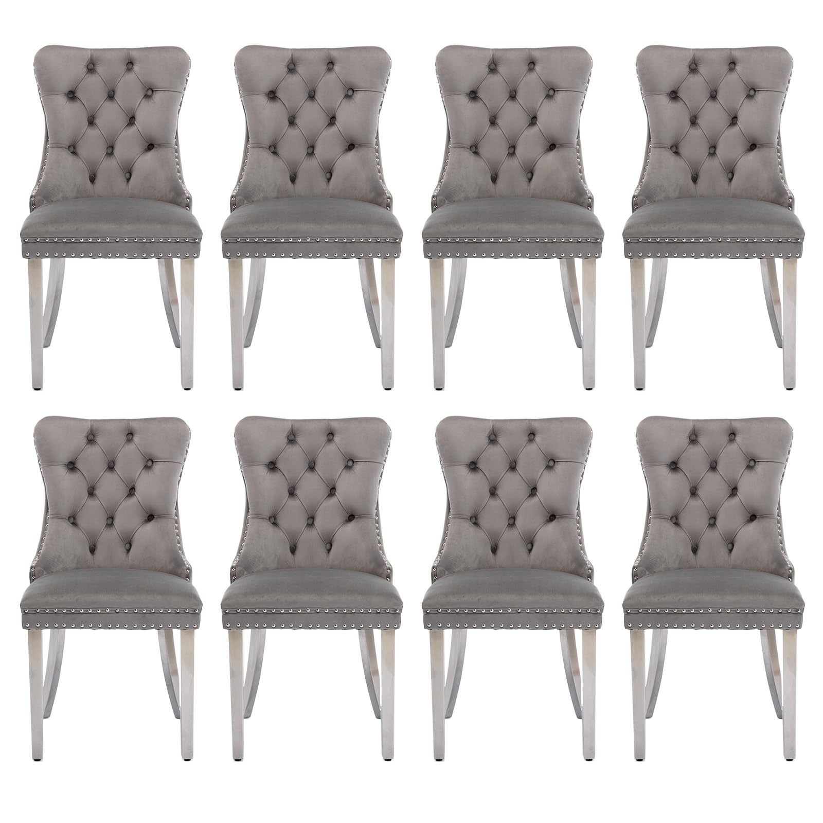 Soartalent Velvet Upholstered Dining Chairs Set Of 8, Modern Style Kitchen Side Chairs With Nailhead Trim And Silver Plated Leg,