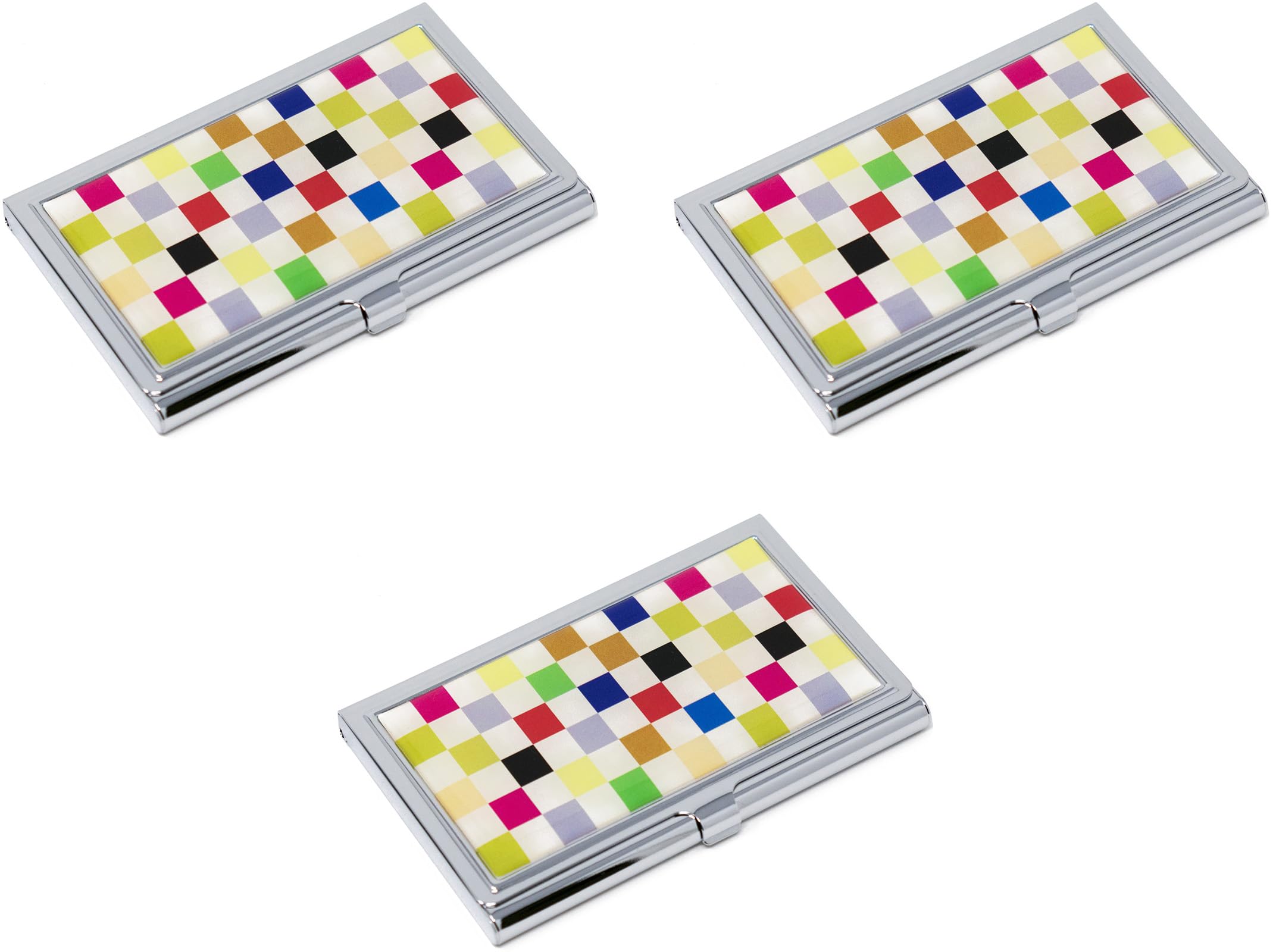 Stephanie Imports Set Of 3 Slim & Minimalist Metal Business Card Holder Unisex Case With Insert (Rainbow Checkerboard)