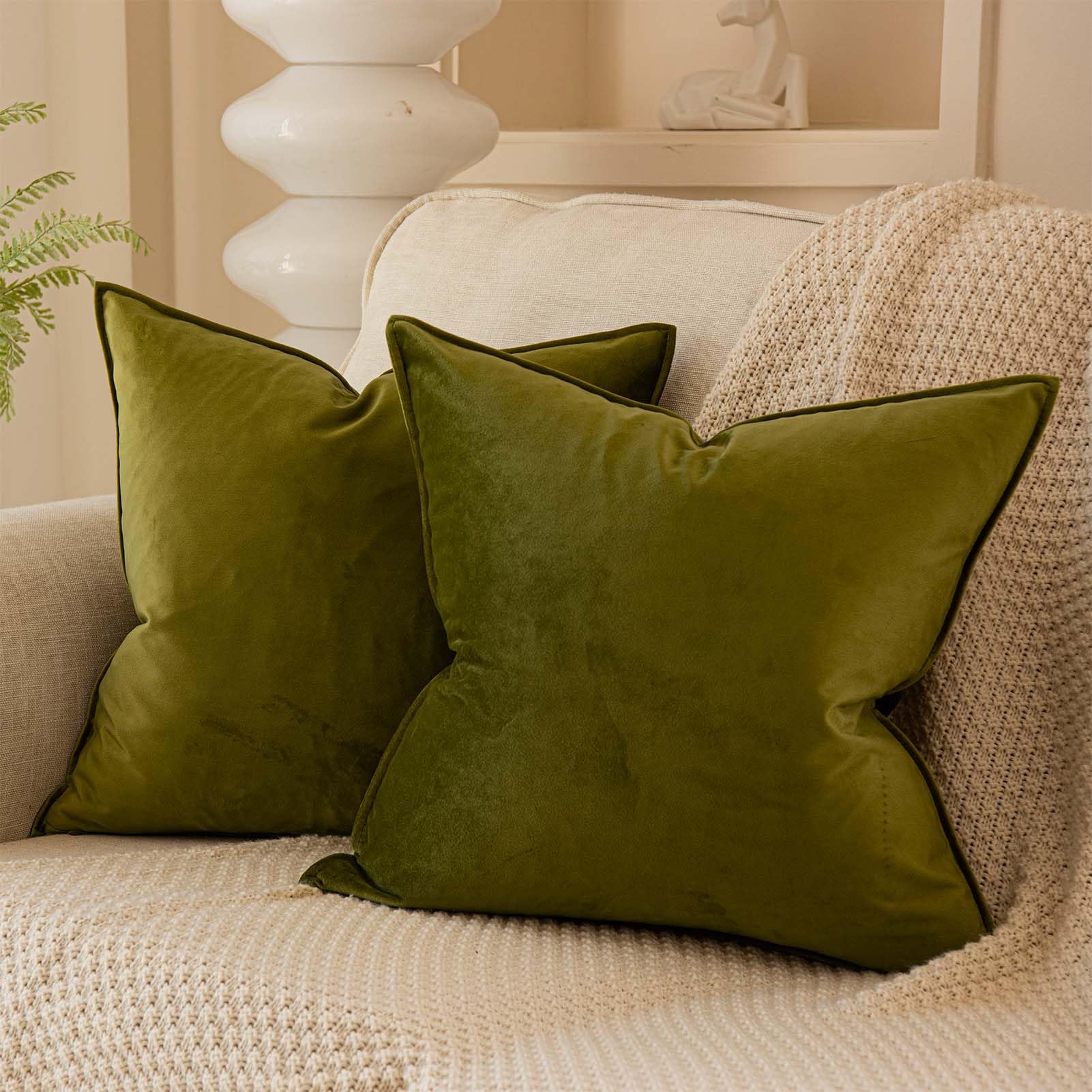 Juspurbet Olive Decorative Velvet Throw Pillow Covers 16X16 Inch Set Of 2,Broadside Soft Cushion Case With Invisible Zipper For