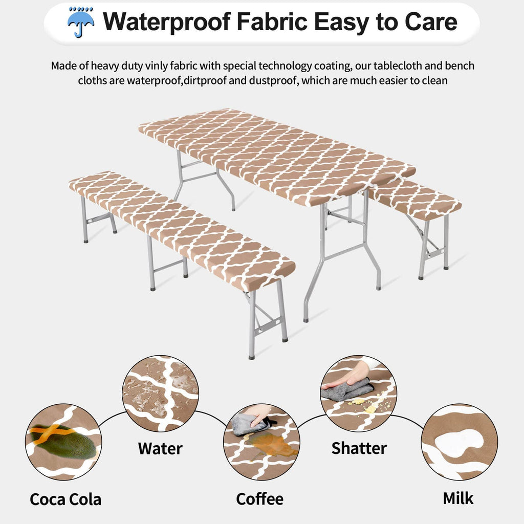 Outdoorlines Vinyl Fitted Picnic Table Cover With Bench Covers - Waterproof Camping Tablecloth For Picnic Table, Elastic Picnic Table Covers For Outdoor, Camping (Moroccon Camel 72X30 Inch, 3 Pcs)