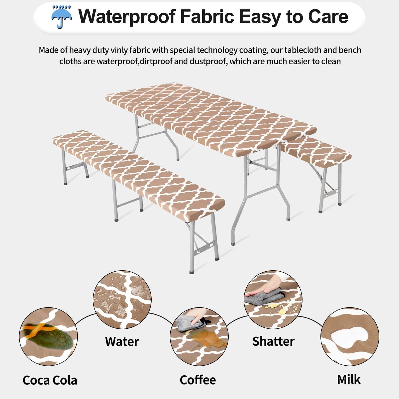 Outdoorlines Vinyl Fitted Picnic Table Cover With Bench Covers - Waterproof Camping Tablecloth For Picnic Table, Elastic Picnic Table Covers For Outdoor, Camping (Moroccon Camel 72X30 Inch, 3 Pcs)