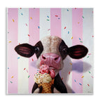 Stupell Industries Cute Baby Cow with Ice Cream Cone Pink Stripes, Designed by Lucia Heffernan Wall Plaque, 12 x 12, Brown