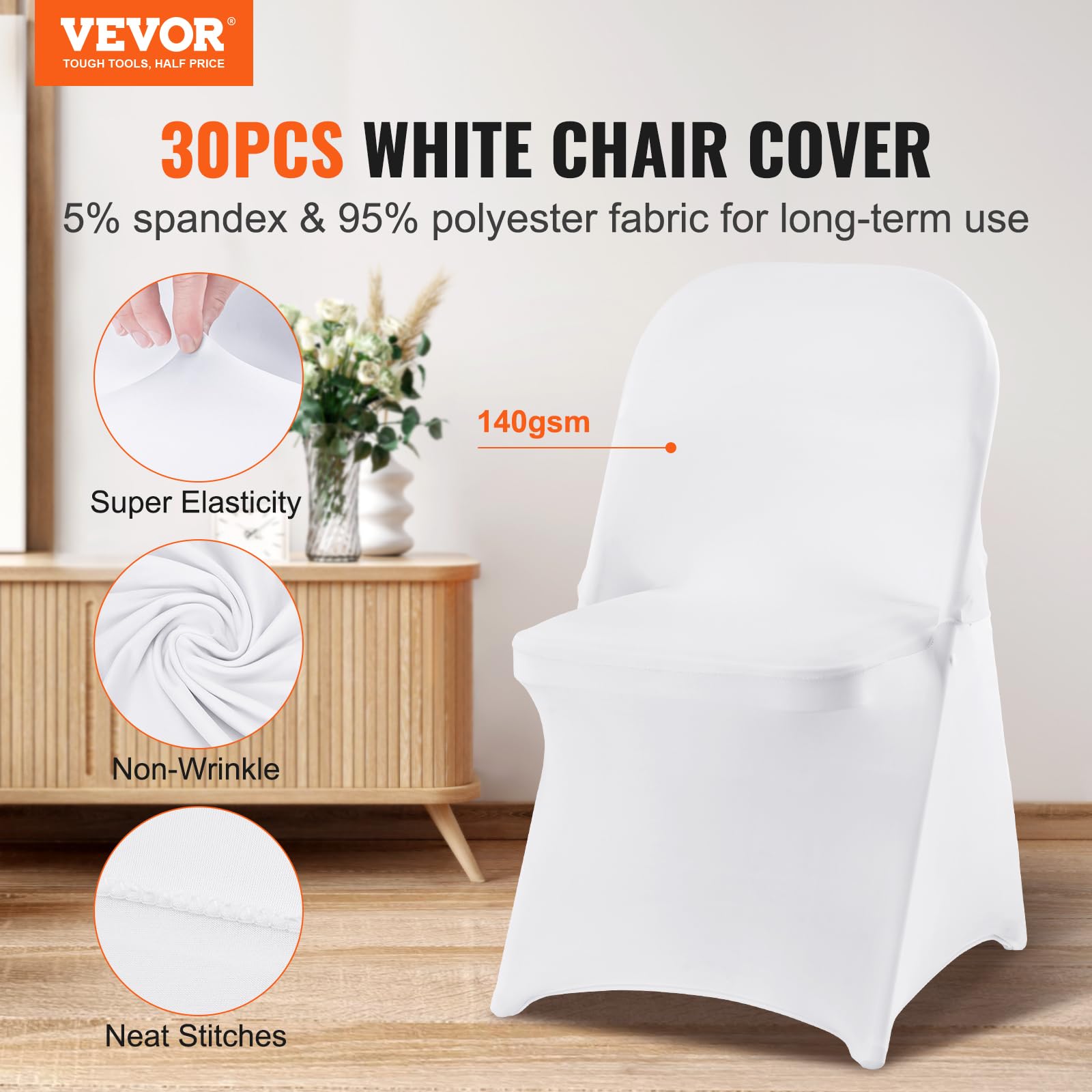Vevor White Stretch Spandex Chair Covers - 30 Pcs, Folding Kitchen Chairs Cover, Universal Washable Slipcovers Protector, Remova