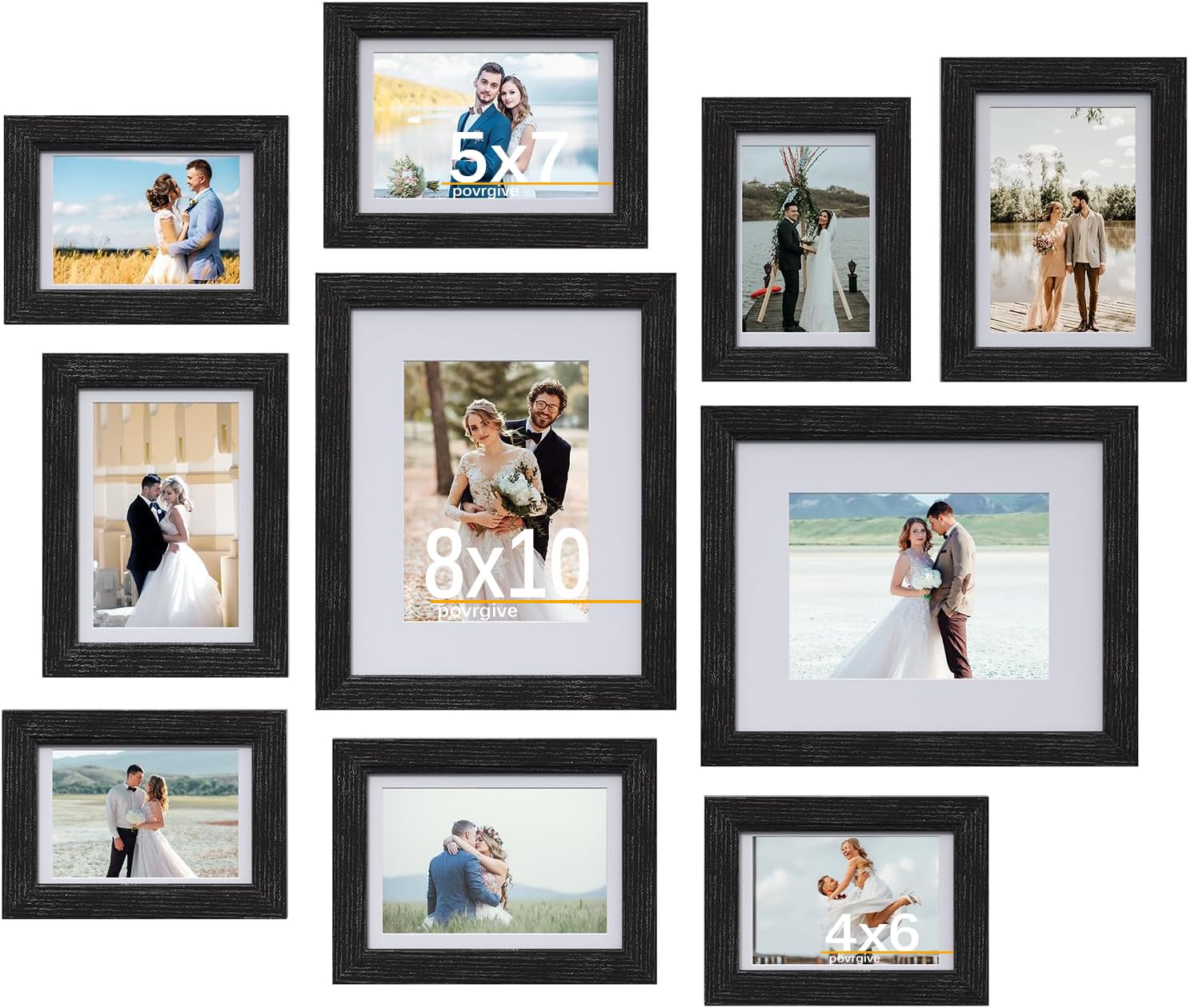 Povrgive Picture Frames Set of 10 Balck, Bulk MDF Frames for 8x10, 5x7, 4x6 Photos Real Glass for Wall or Tabletop