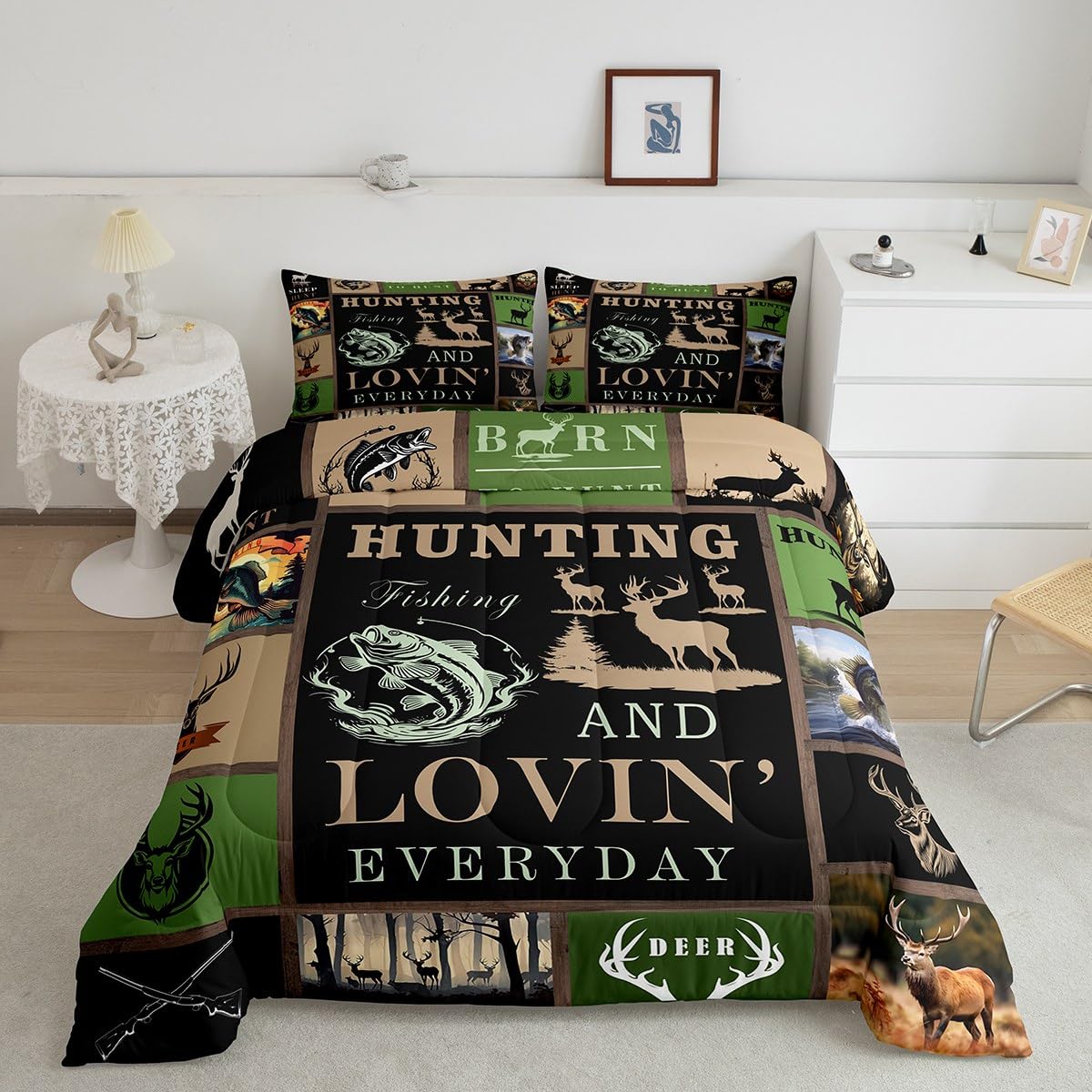 Big Pike Fish Bedding Set Deer Comforter Set For Kids Teens Boys Fish Hunt Duvet Set Antlers Fish Fishing Rod Comforter 1 Comfor