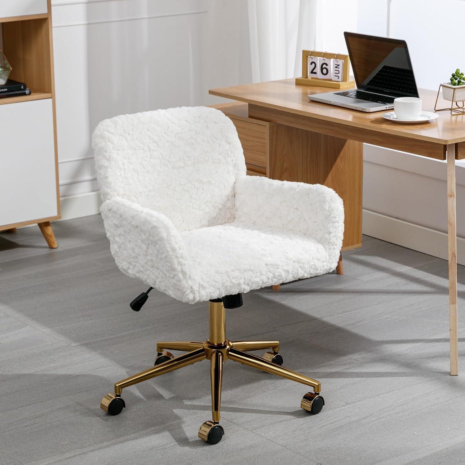 White Faux Fur Home Office Chair,Upholstered Elegant Desk Chair Makeup Vanity Chair For Girls,Swivel Desk Chair With Gold Base,H