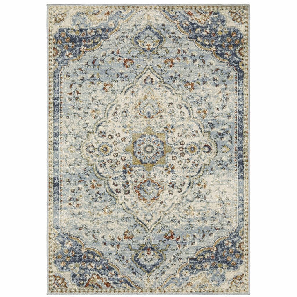 HomeRoots 508433 6 x 9 ft. Blue Beige Rust Gold & Teal Oriental Power Loom Stain Resistant Rectangle Area Rug