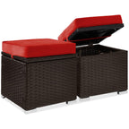 Best Choice Products Set Of 2 Wicker Ottomans, Multipurpose Outdoor Furniture For Patio, Backyard, Additional Seating, Footrest, Side Table W/Storage, Removable Cushions - Red/Brown
