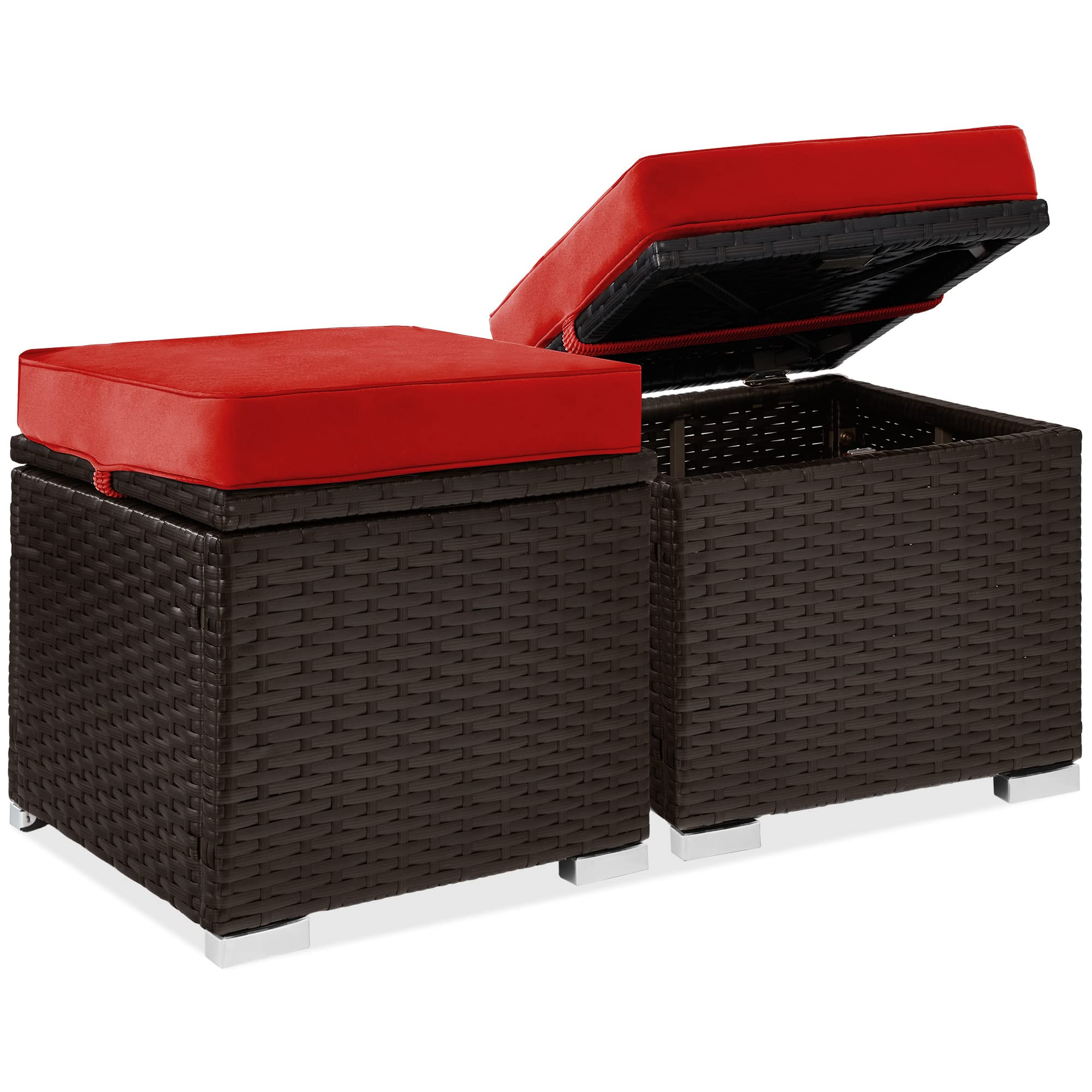 Best Choice Products Set Of 2 Wicker Ottomans, Multipurpose Outdoor Furniture For Patio, Backyard, Additional Seating, Footrest, Side Table W/Storage, Removable Cushions - Red/Brown